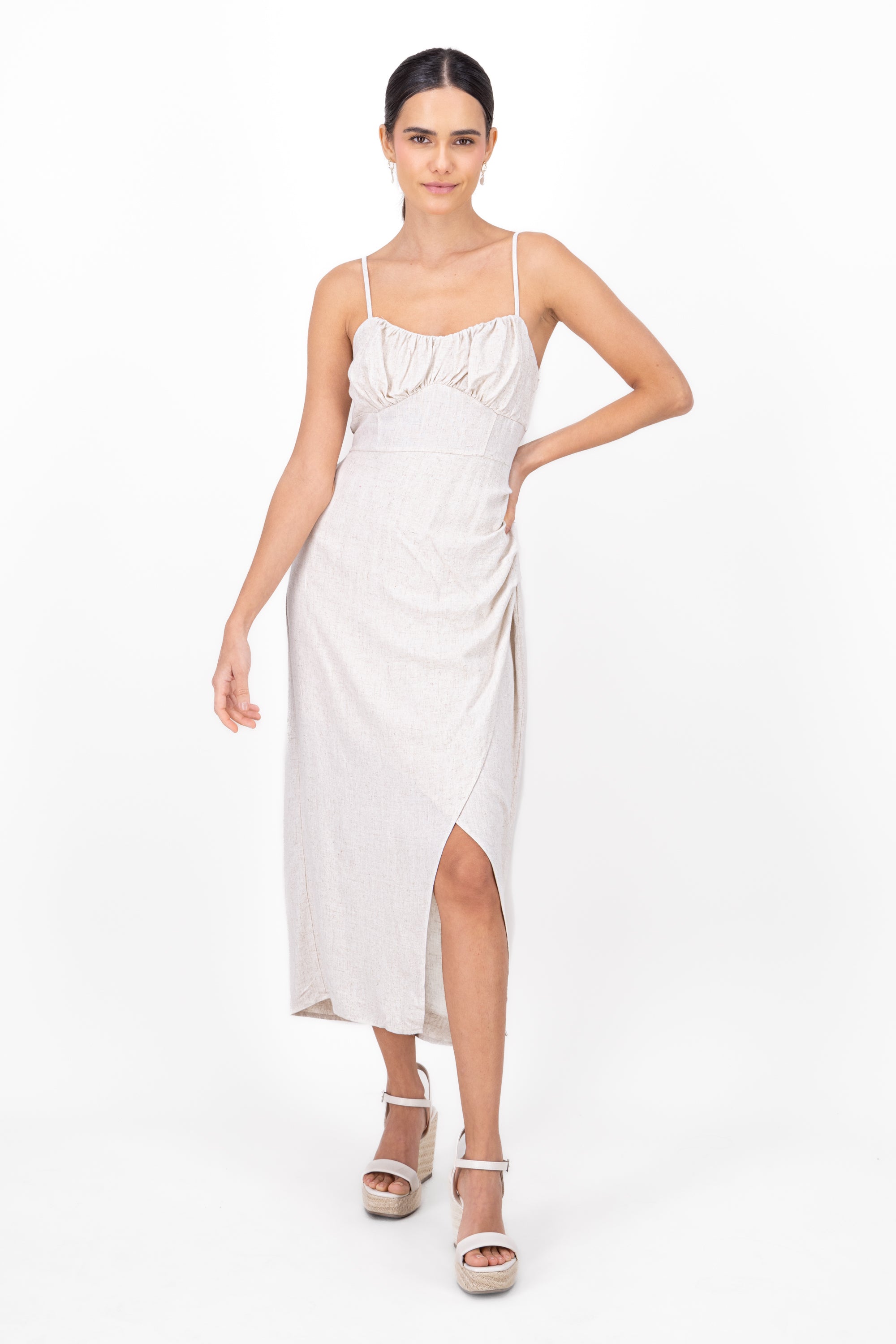 Shirred Bust Maxi Dress With Leg Slit CREAM