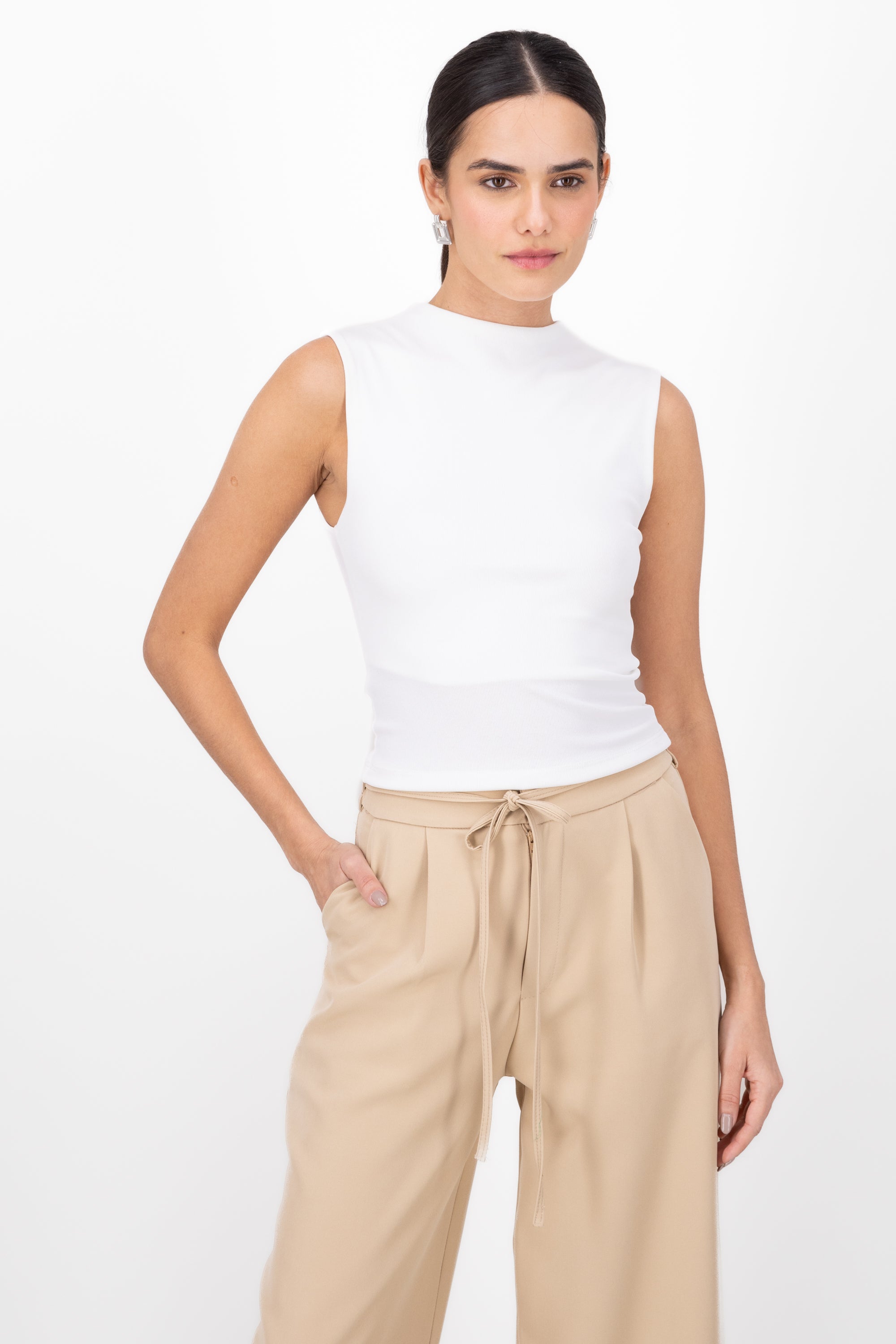 Chic Thin Ribbed Sleeveless Top WHITE