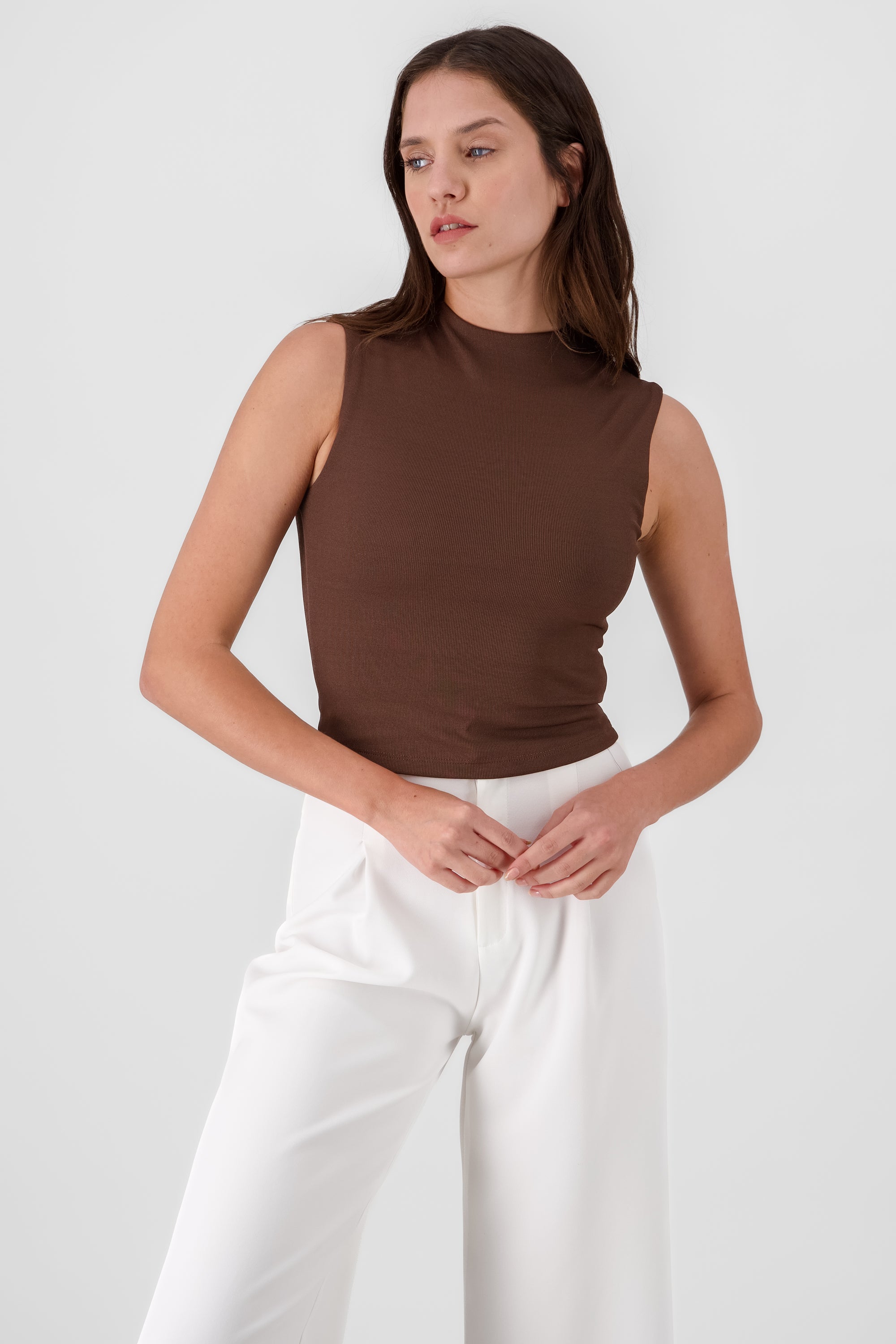 Chic Thin Ribbed Sleeveless Top CHOCOLATE