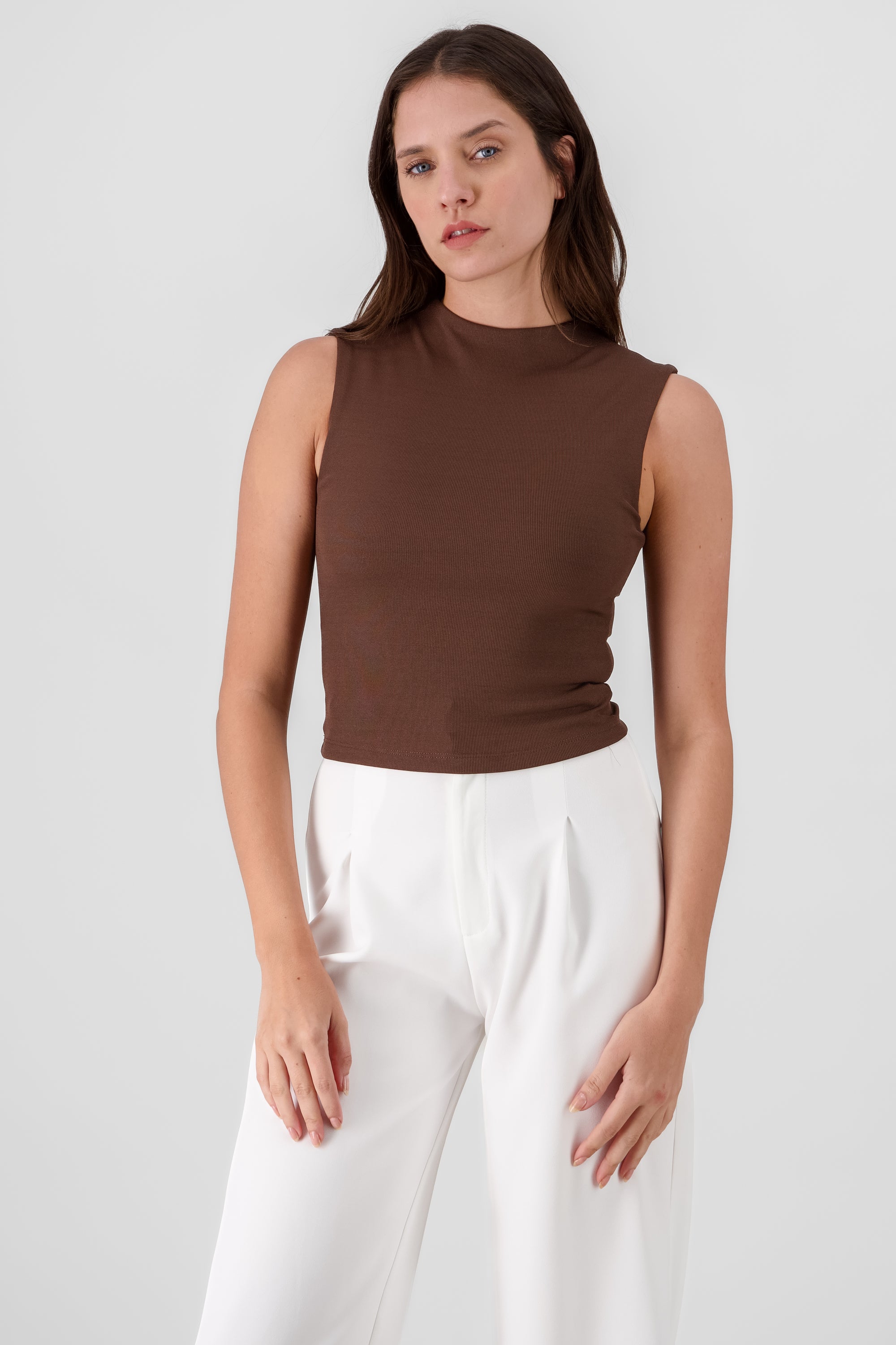 Chic Thin Ribbed Sleeveless Top CHOCOLATE