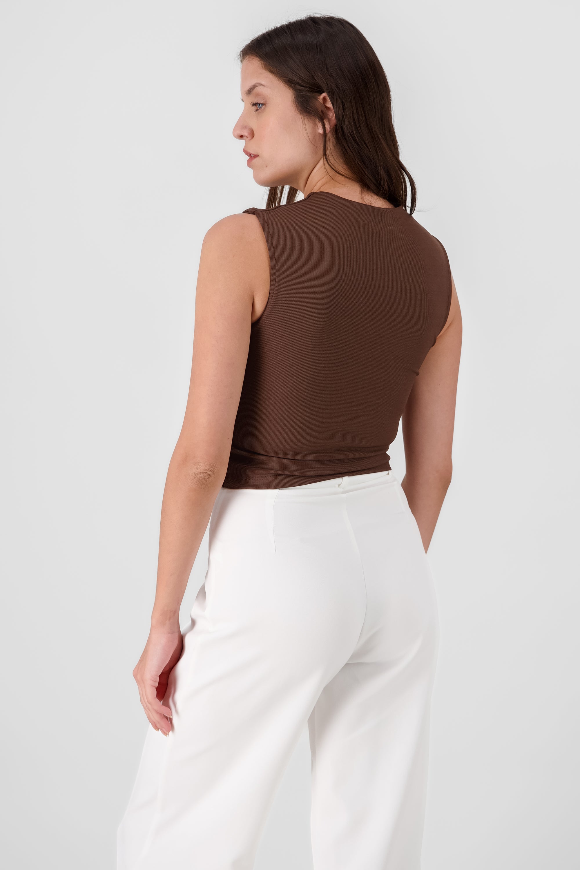 Chic Thin Ribbed Sleeveless Top CHOCOLATE