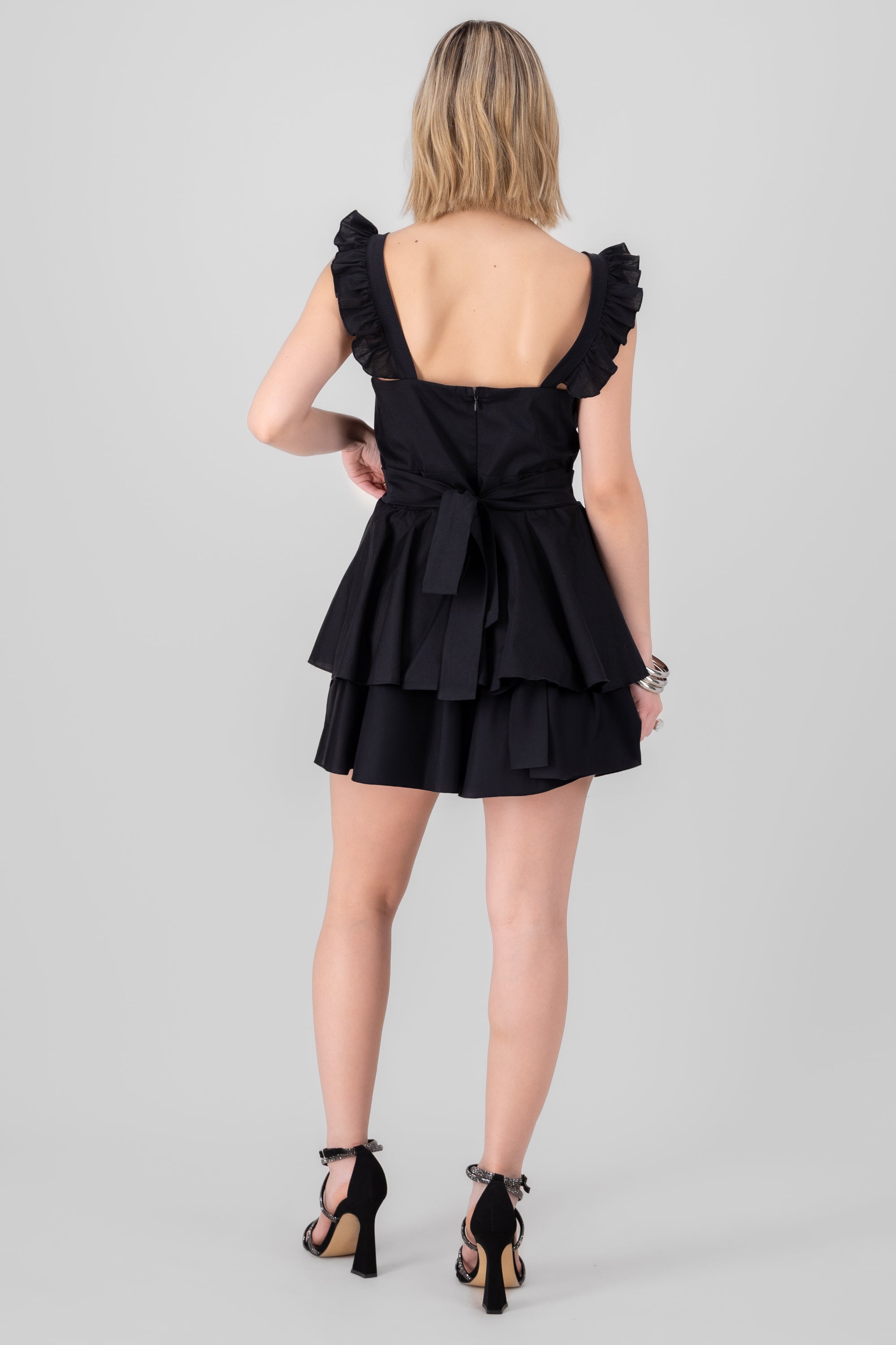 Ruffled Strap Summer Mini Day Dress BLACK