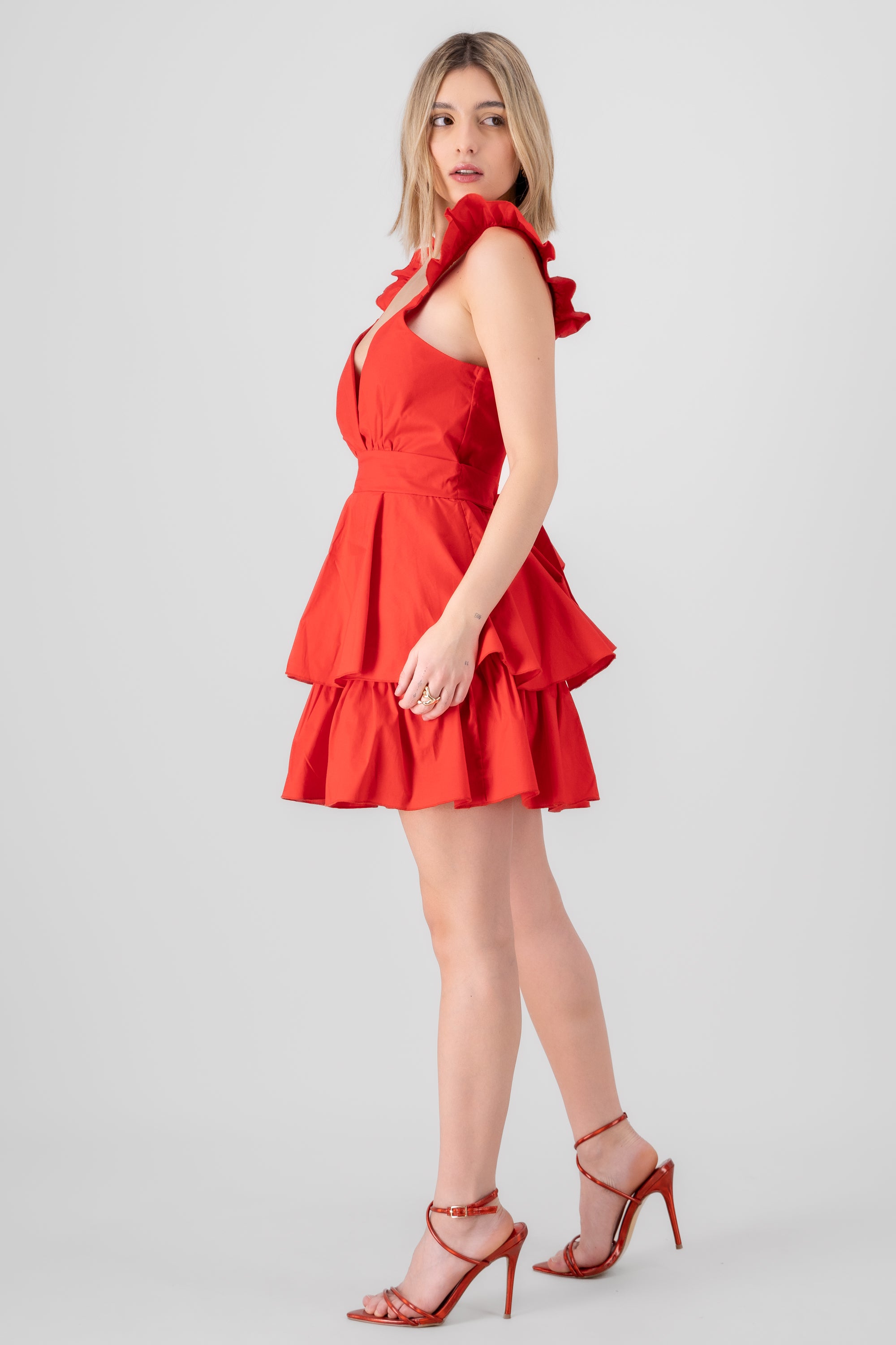 Ruffled Strap Summer Mini Day Dress RED