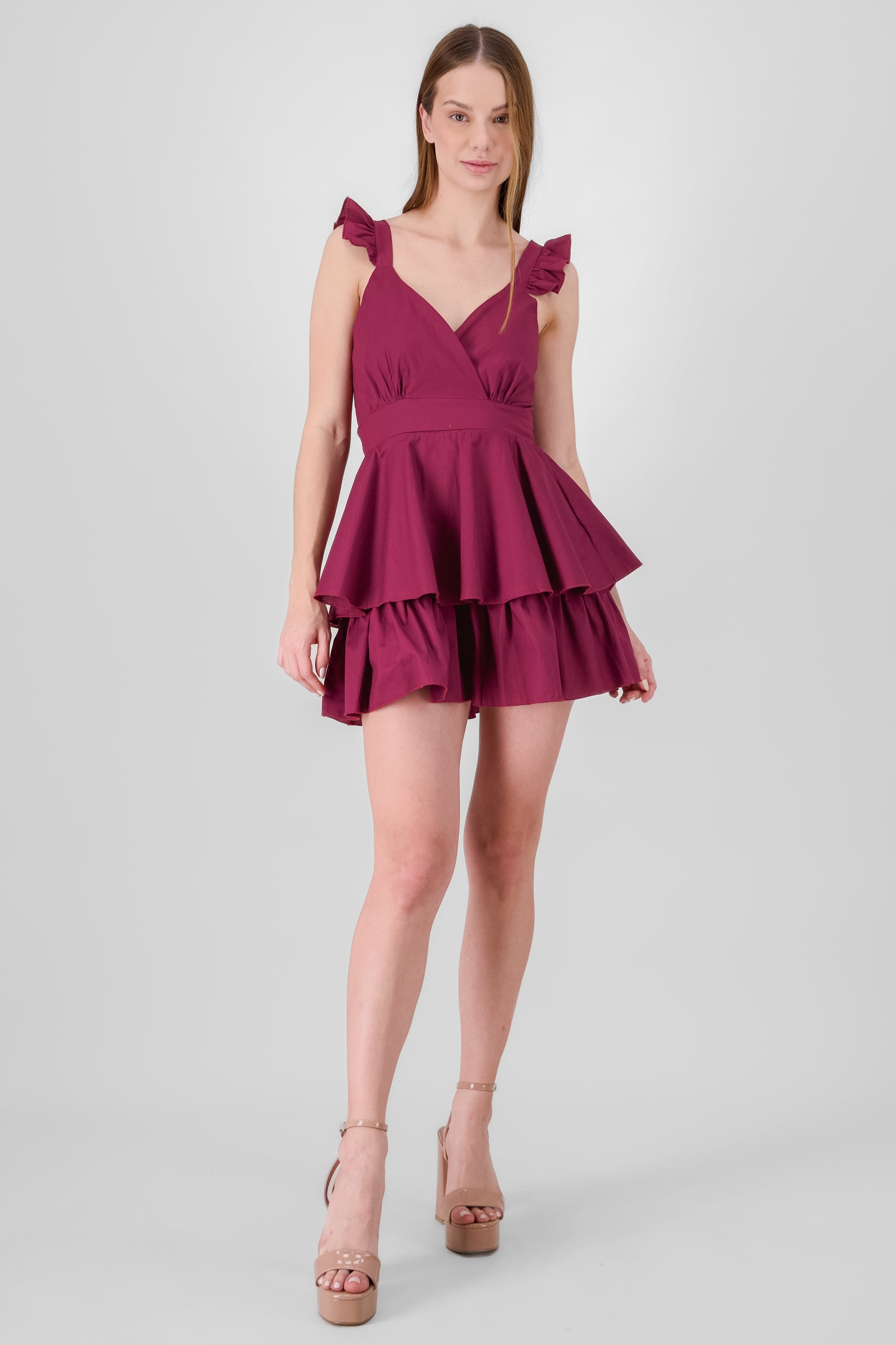 Ruffled Strap Summer Mini Day Dress BURGUNDY