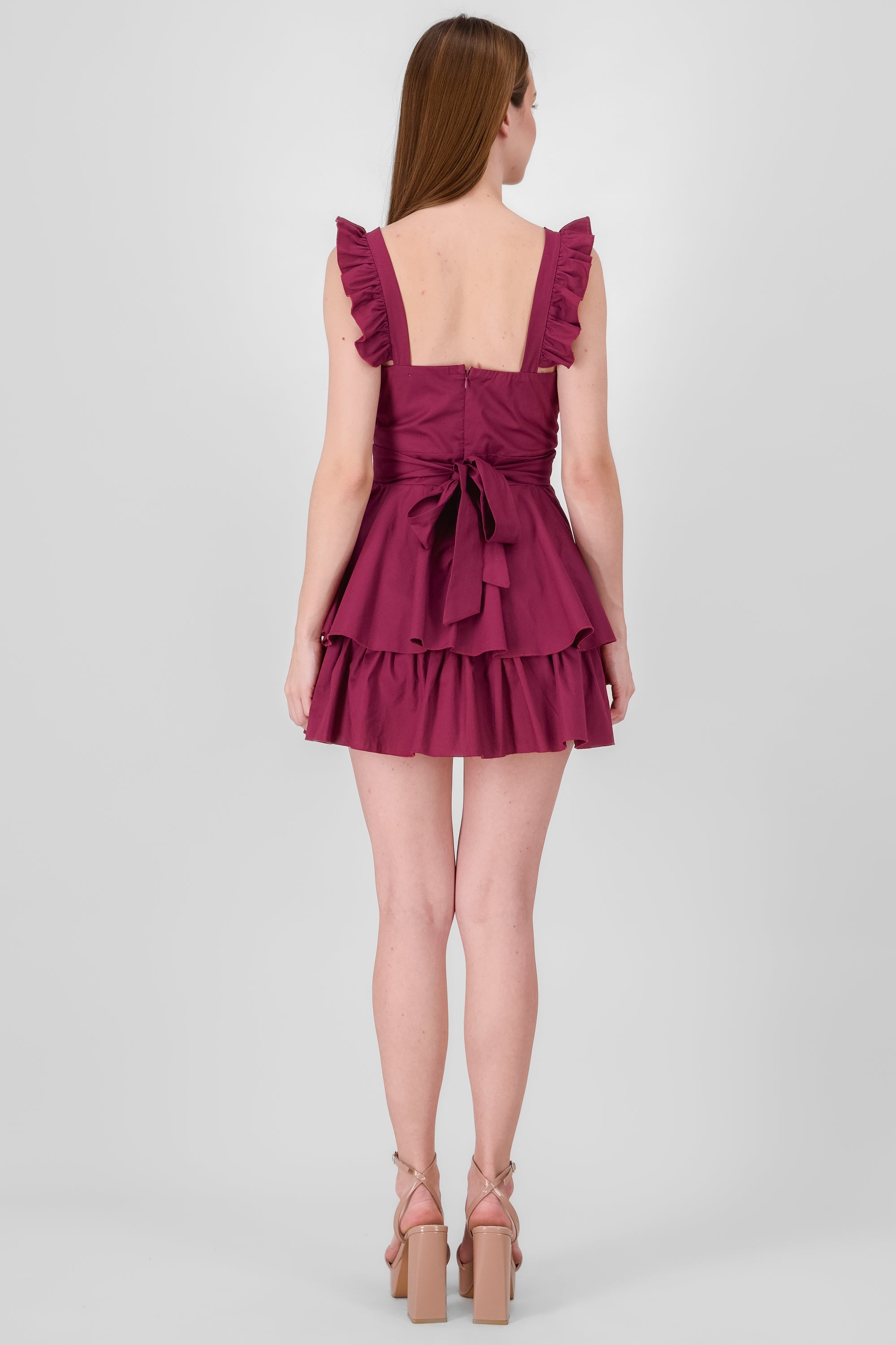 Ruffled Strap Summer Mini Day Dress BURGUNDY