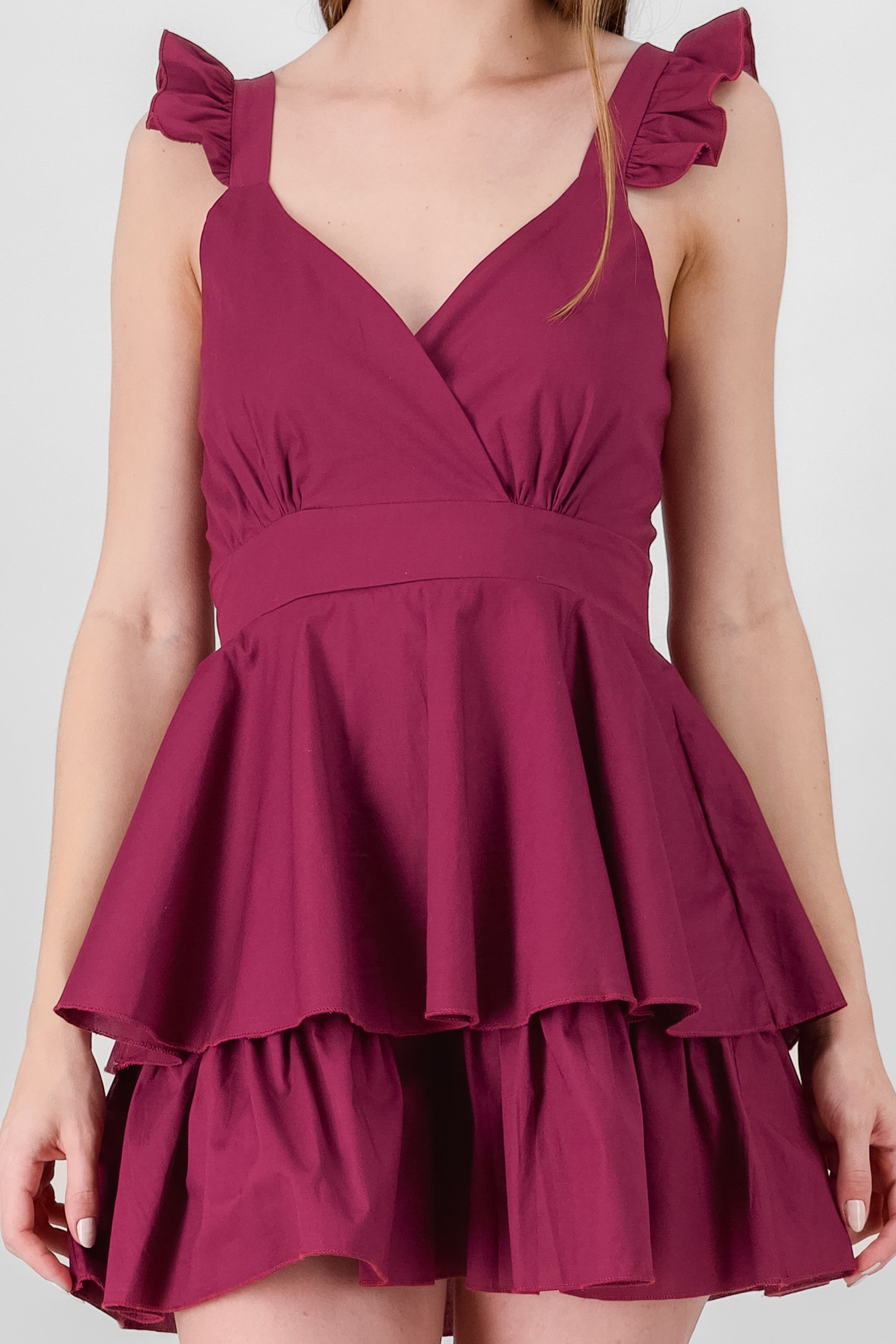 Ruffled Strap Summer Mini Day Dress BURGUNDY