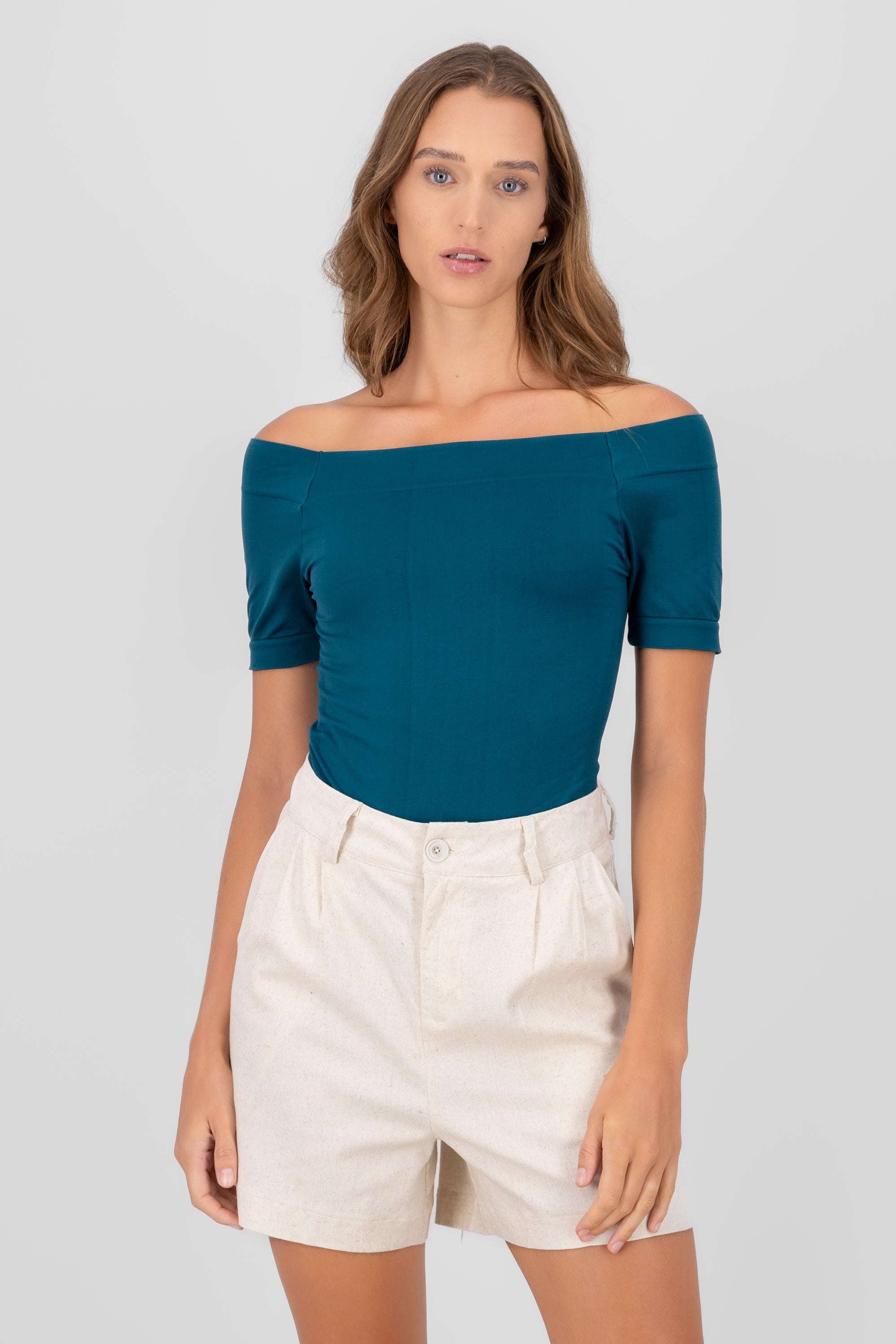 Seamless Bare Shoulder Plain Bodysuit TEAL