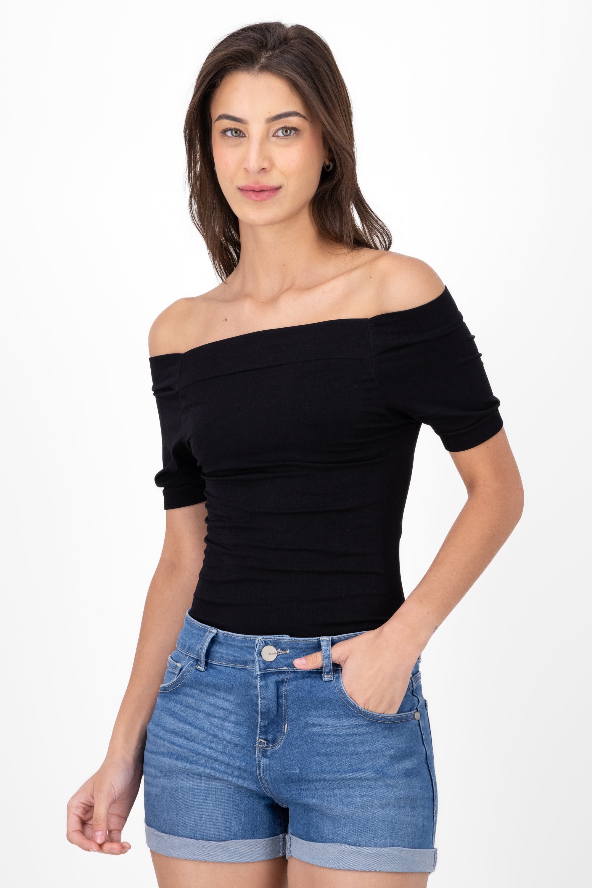 Seamless Bare Shoulder Plain Bodysuit BLACK