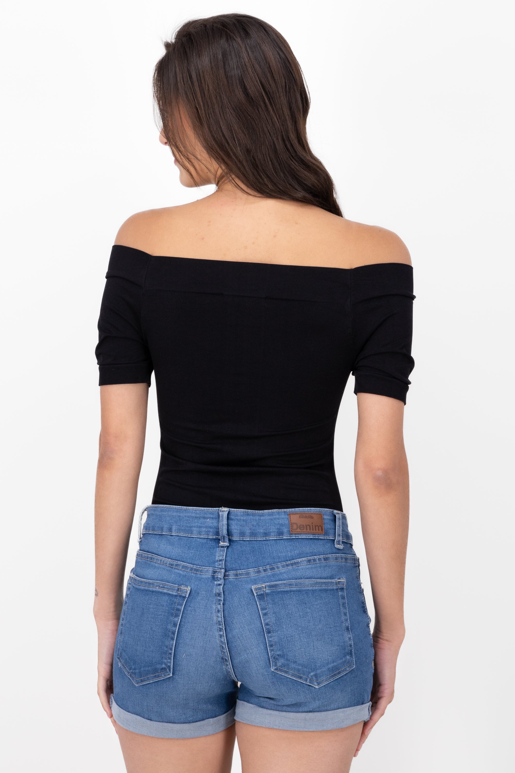 Seamless Bare Shoulder Plain Bodysuit BLACK