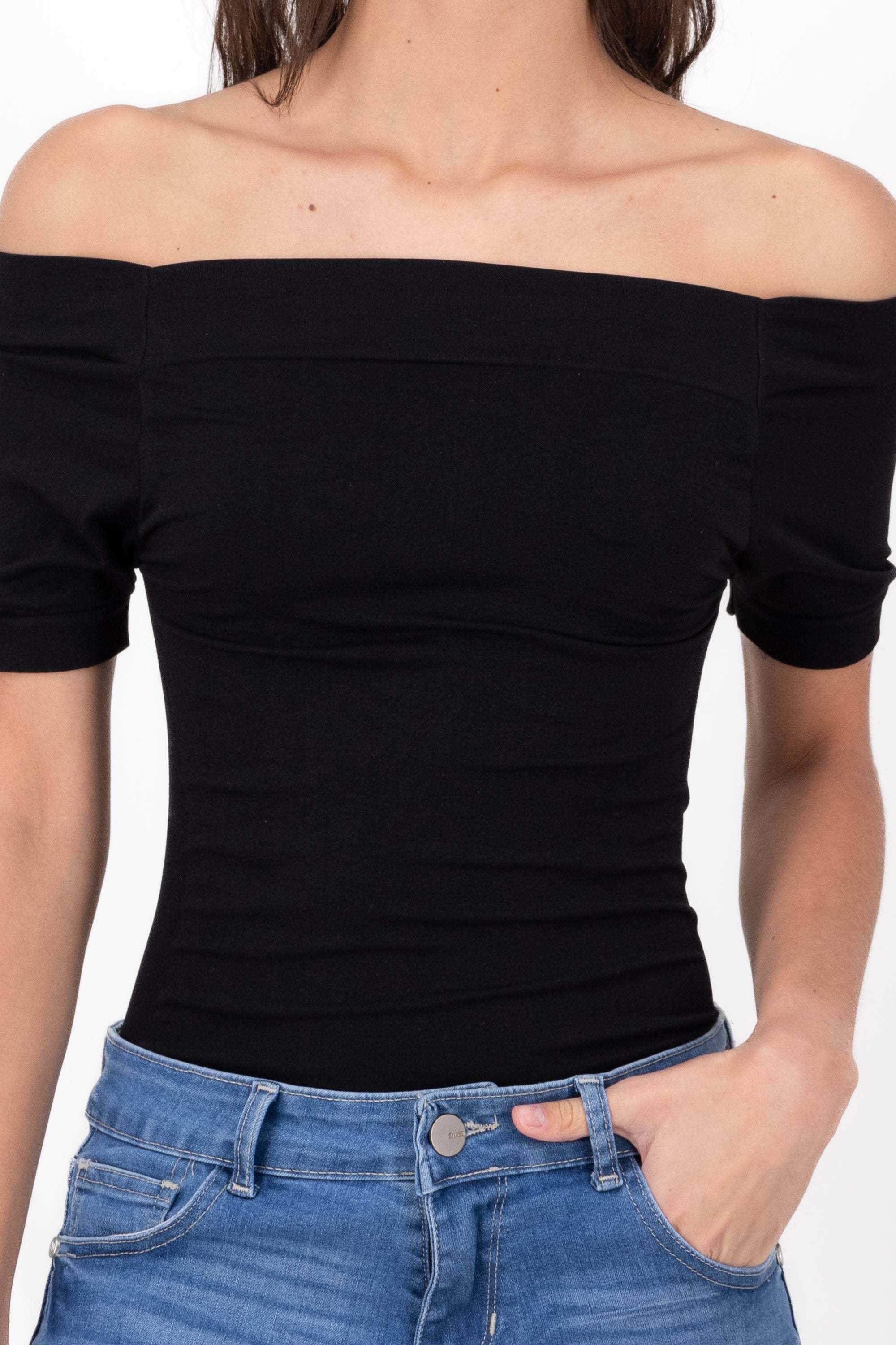 Seamless Bare Shoulder Plain Bodysuit BLACK