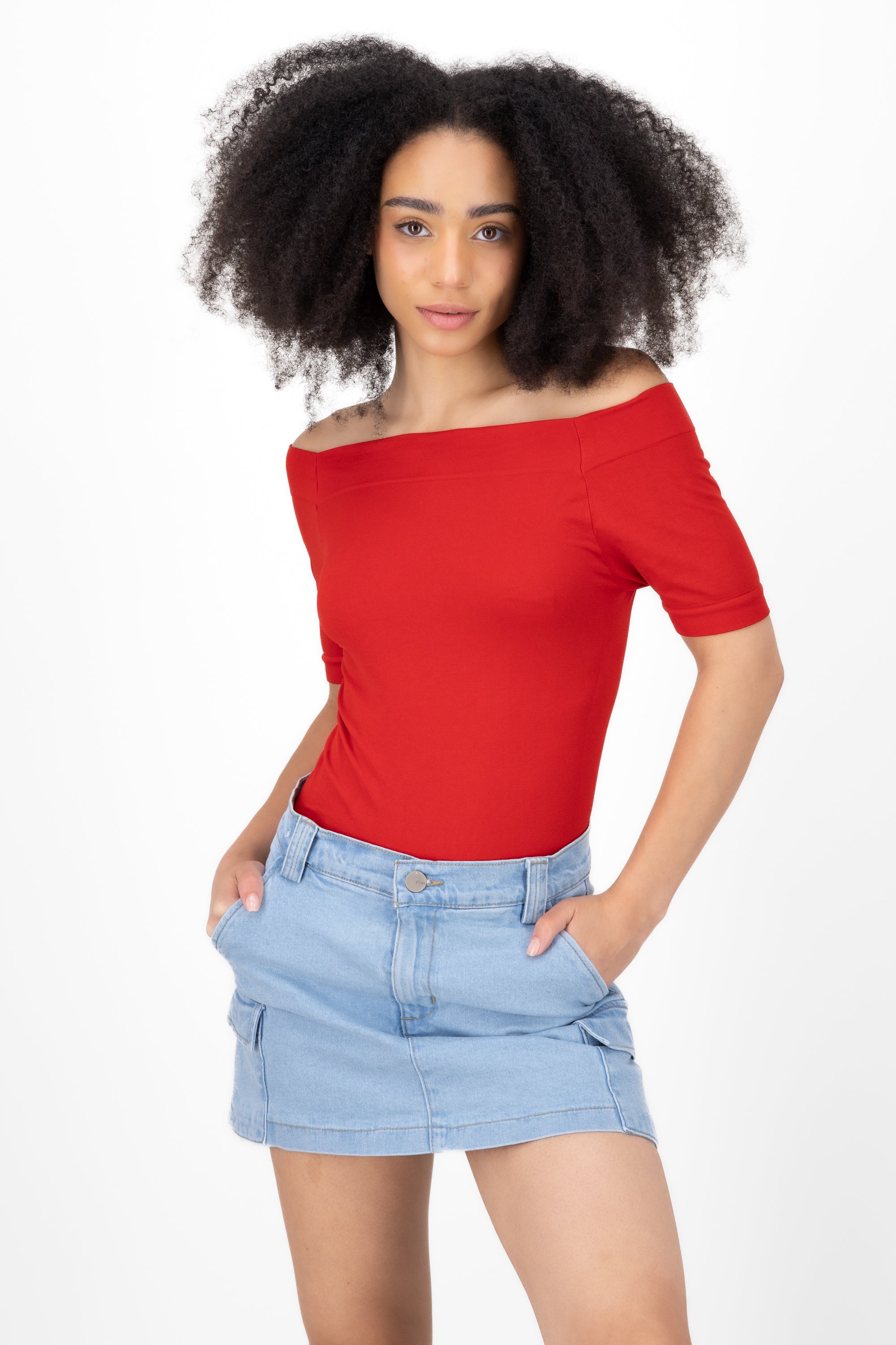 Seamless Bare Shoulder Plain Bodysuit RED