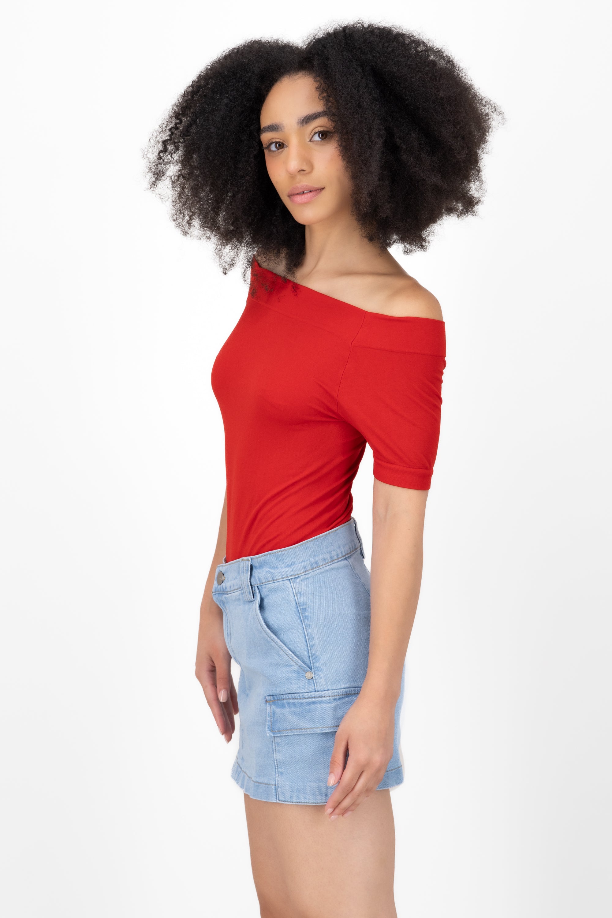 Seamless Bare Shoulder Plain Bodysuit RED