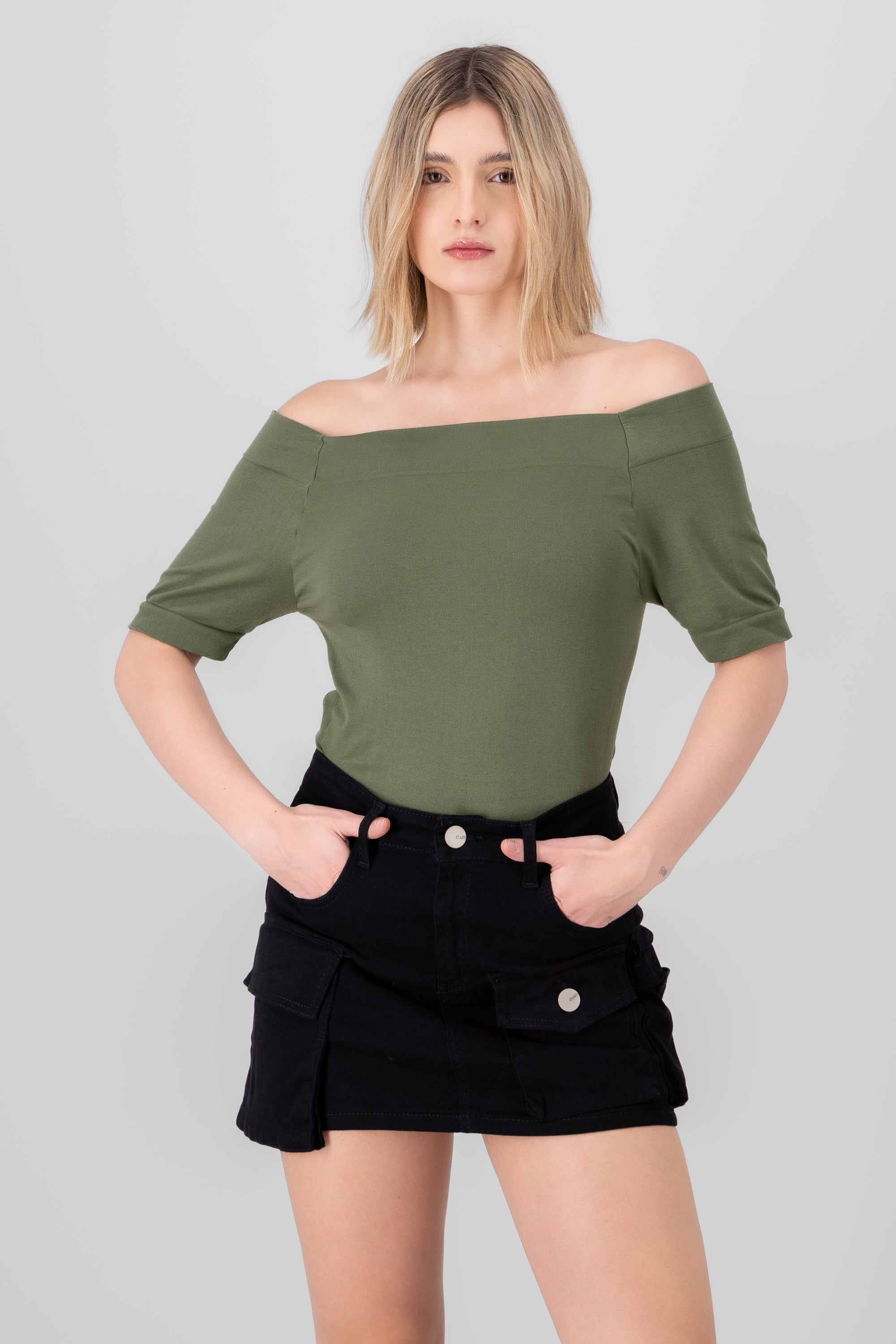 Seamless Bare Shoulder Plain Bodysuit OLIVE