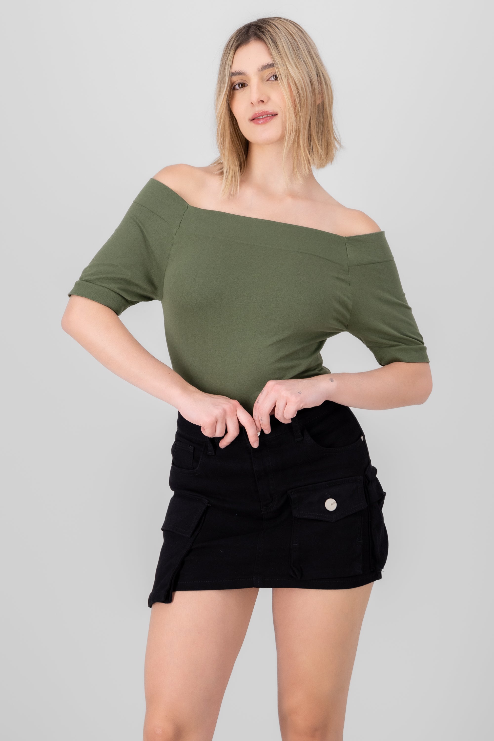 Seamless Bare Shoulder Plain Bodysuit OLIVE