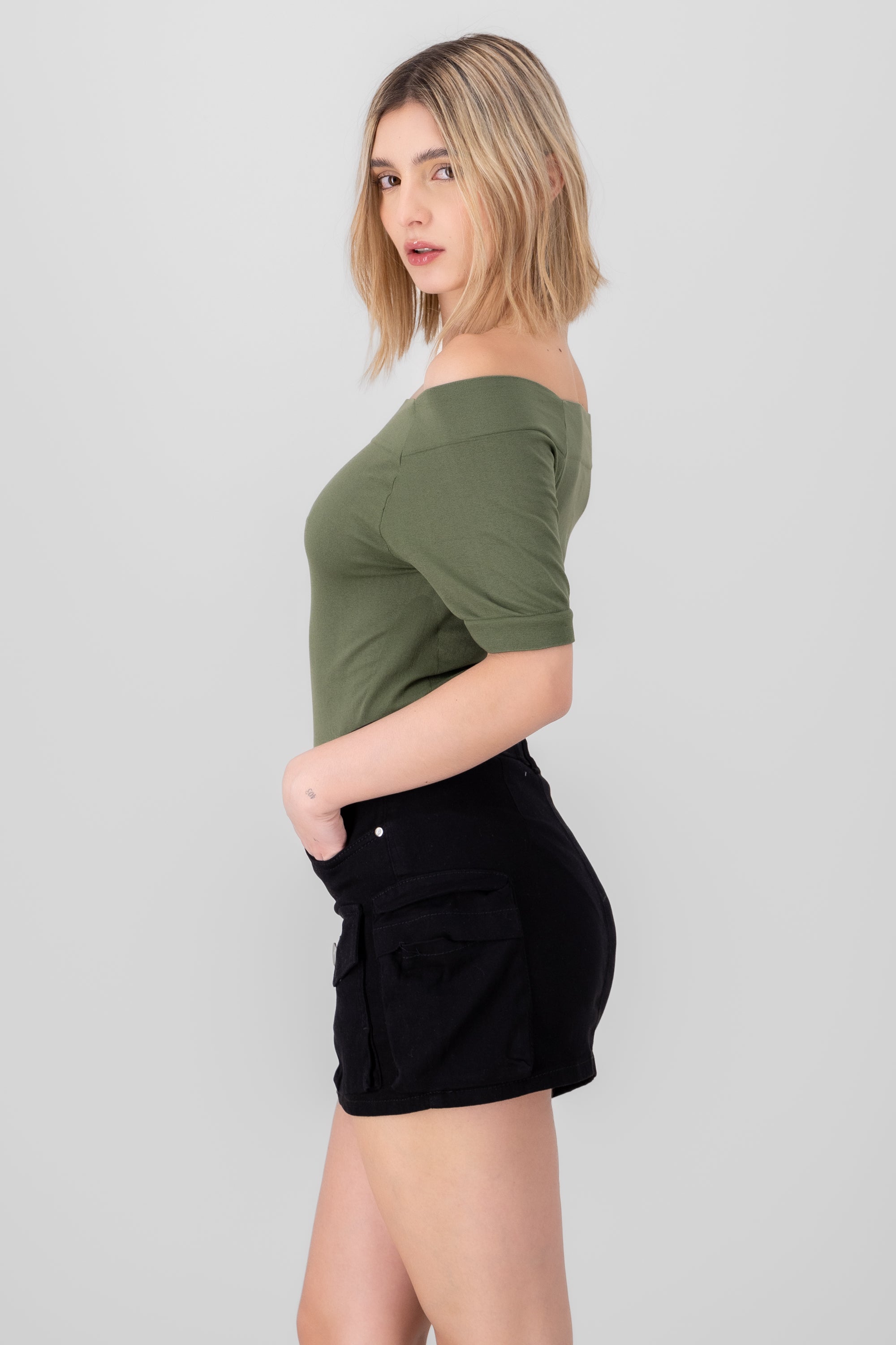 Seamless Bare Shoulder Plain Bodysuit OLIVE