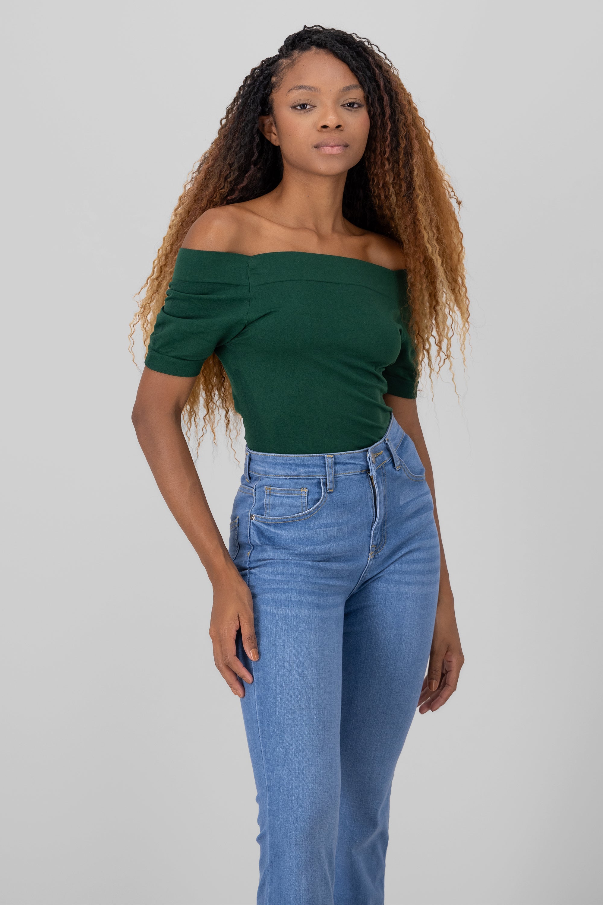 Seamless Bare Shoulder Plain Bodysuit FOREST GREEN