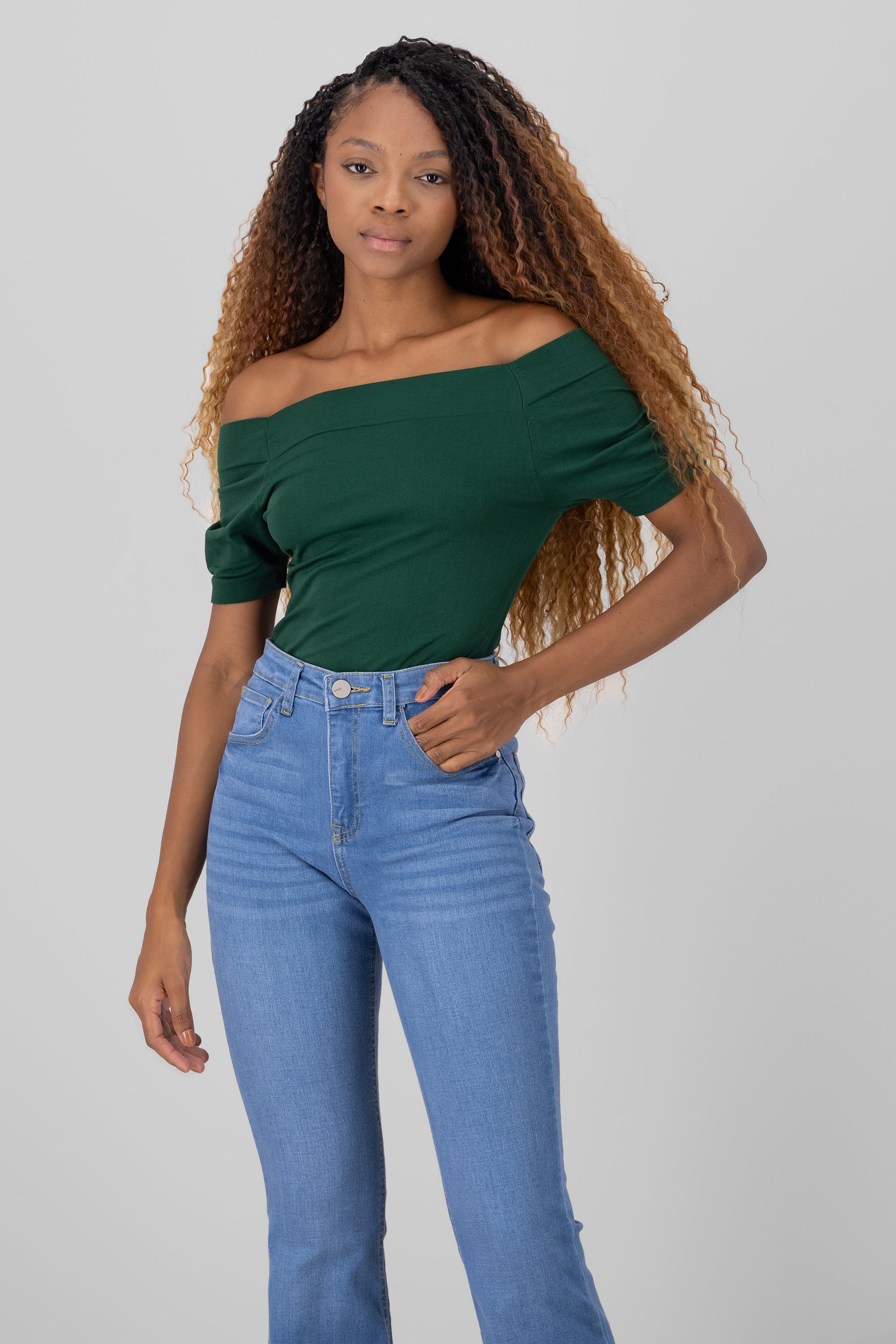 Seamless Bare Shoulder Plain Bodysuit FOREST GREEN