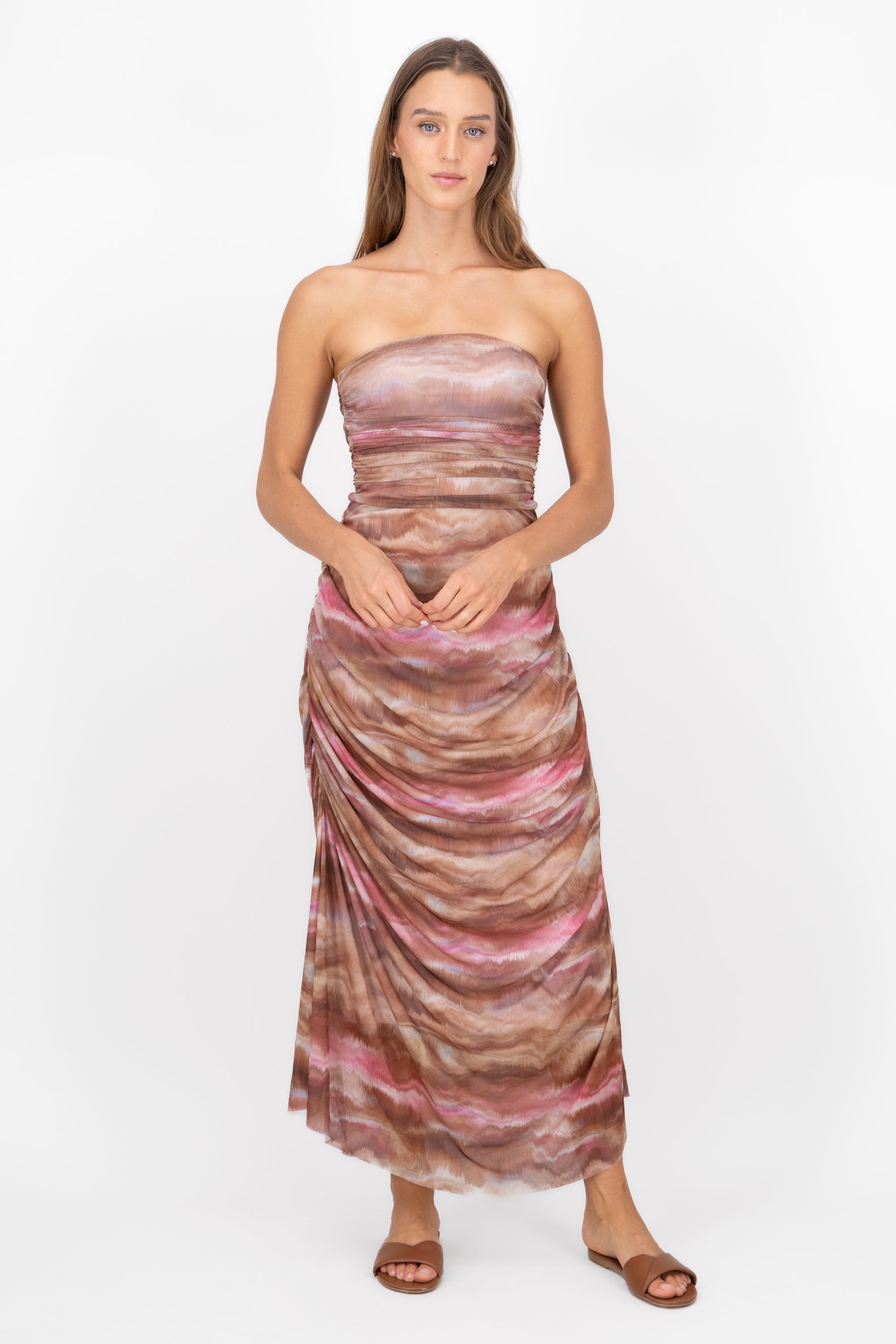 Strapless TieDye Mesh Maxi Dress BROWN COMBO