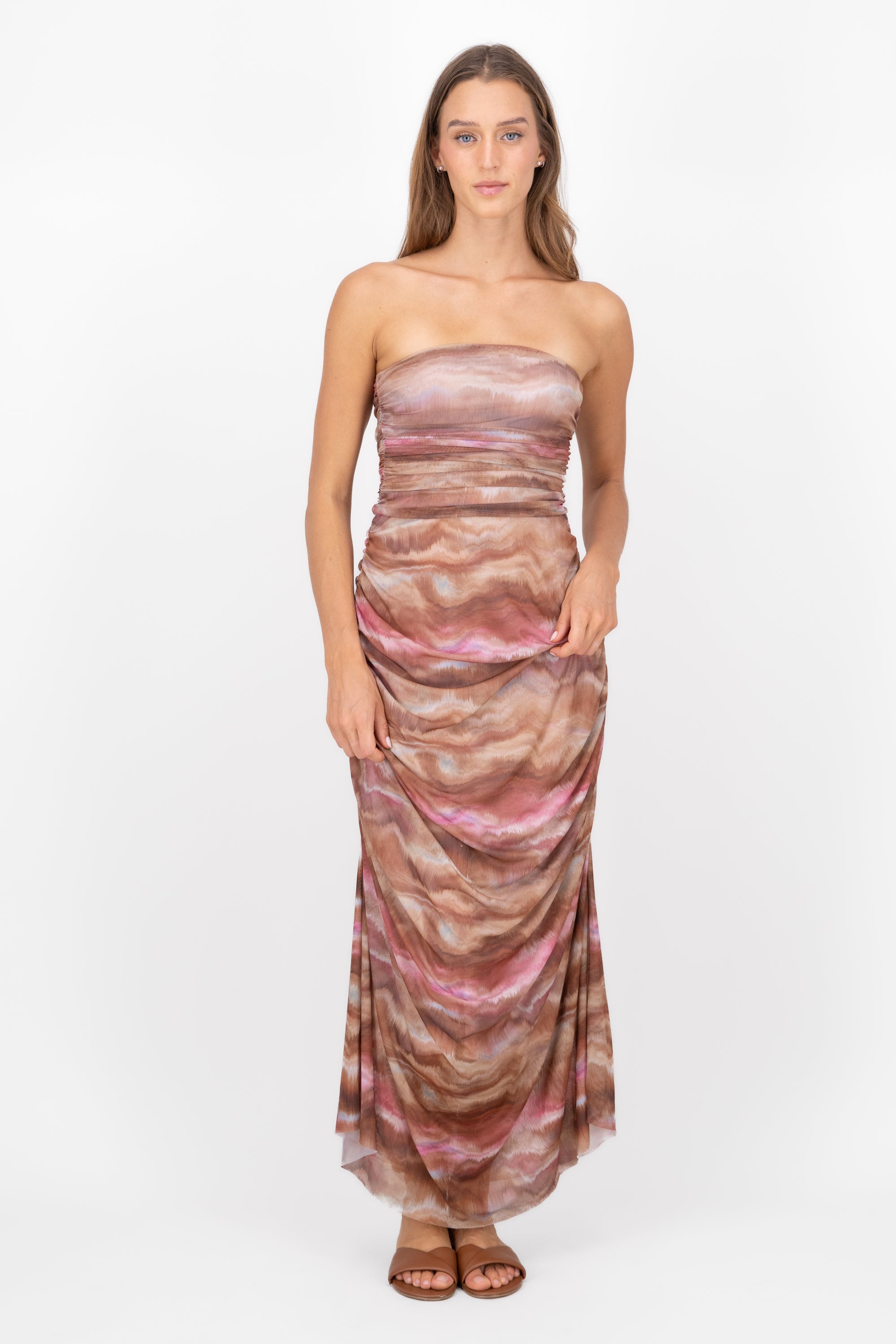 Strapless TieDye Mesh Maxi Dress BROWN COMBO