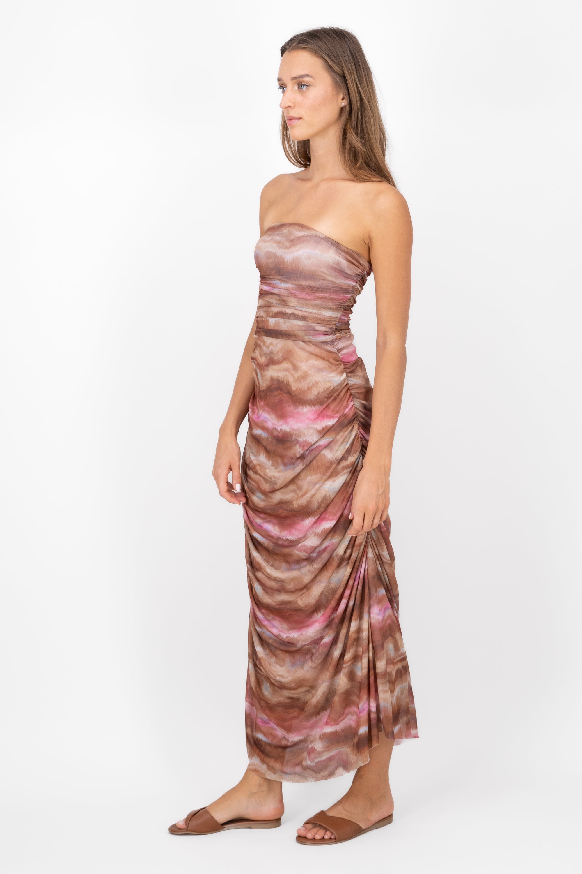 Strapless TieDye Mesh Maxi Dress BROWN COMBO