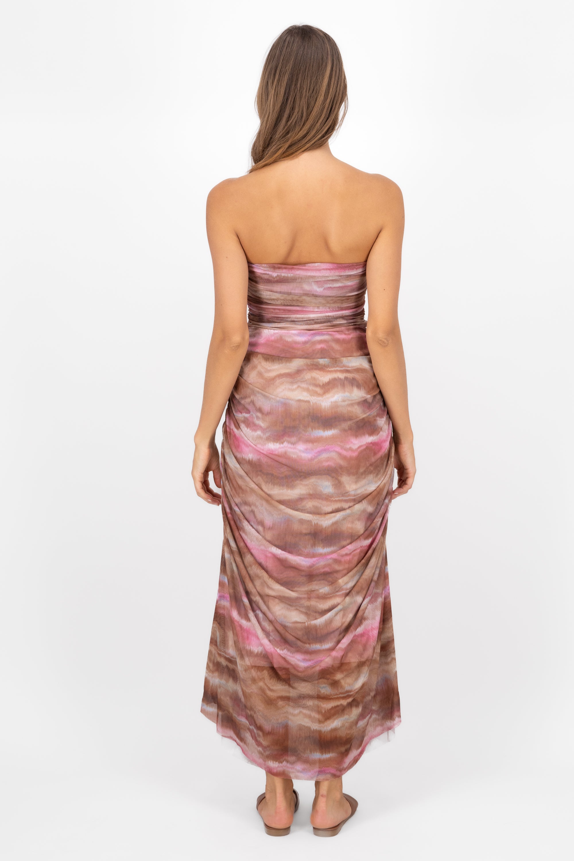 Strapless TieDye Mesh Maxi Dress BROWN COMBO