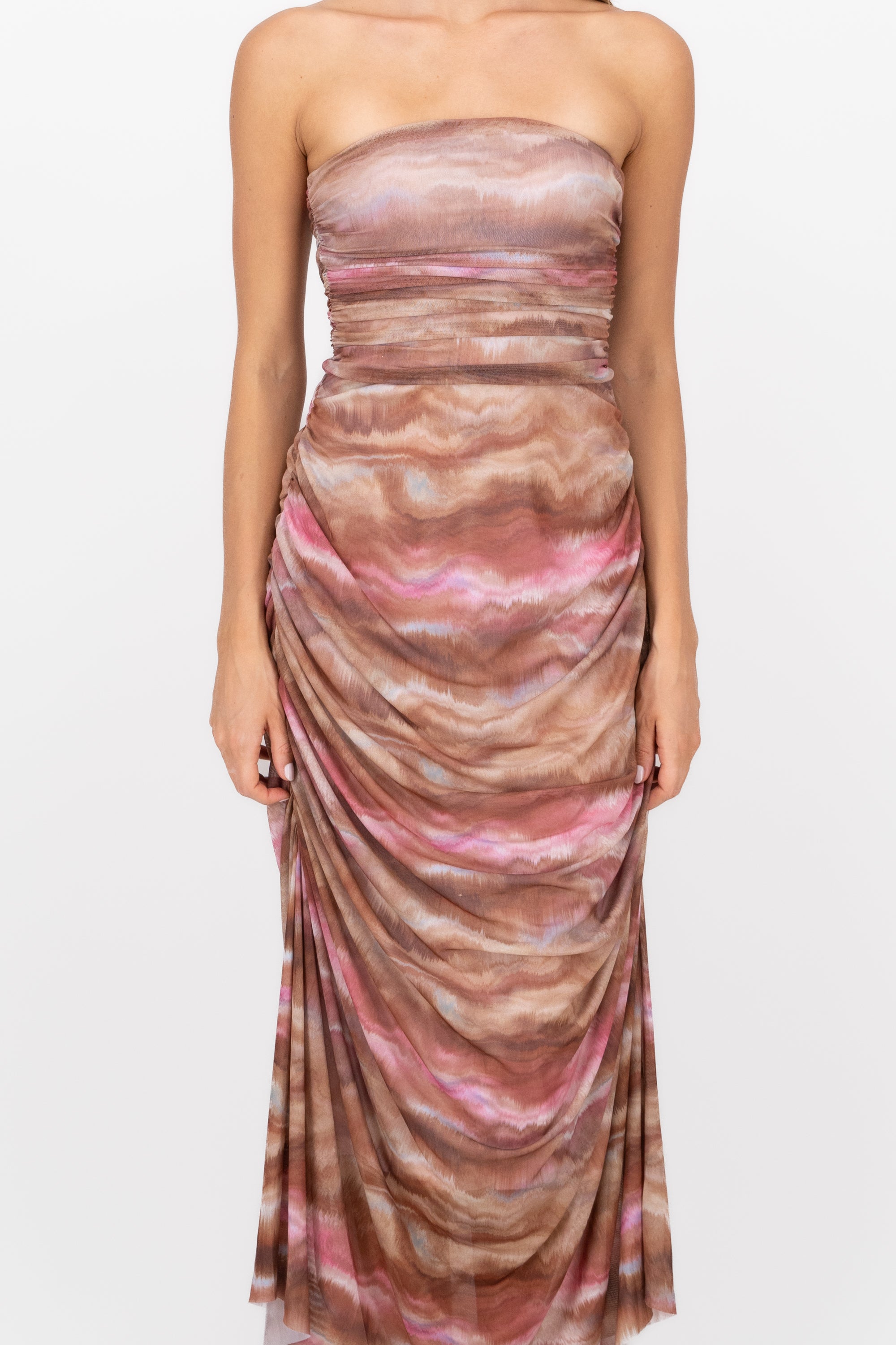 Strapless TieDye Mesh Maxi Dress BROWN COMBO