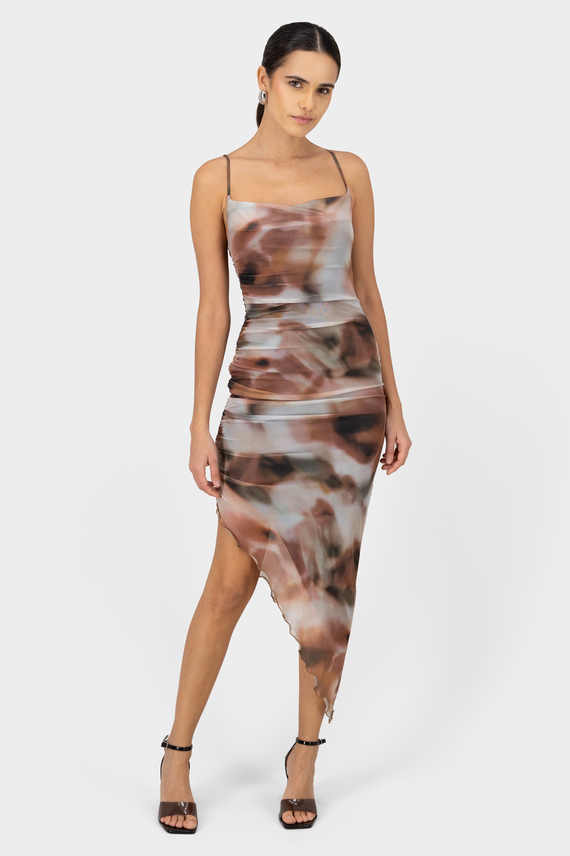 Marble Body Con Dress With Side Slit BROWN COMBO