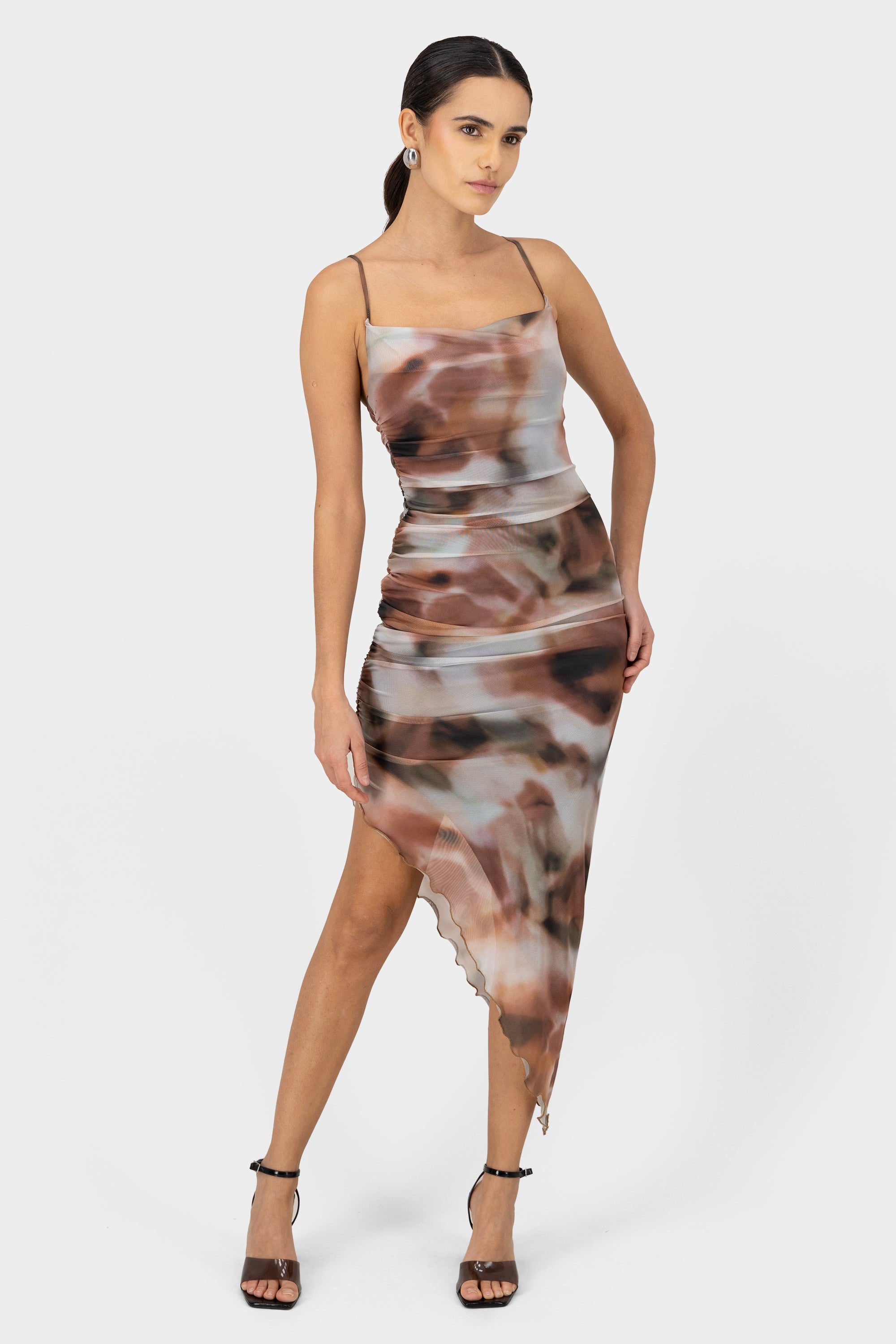 Marble Body Con Dress With Side Slit BROWN COMBO