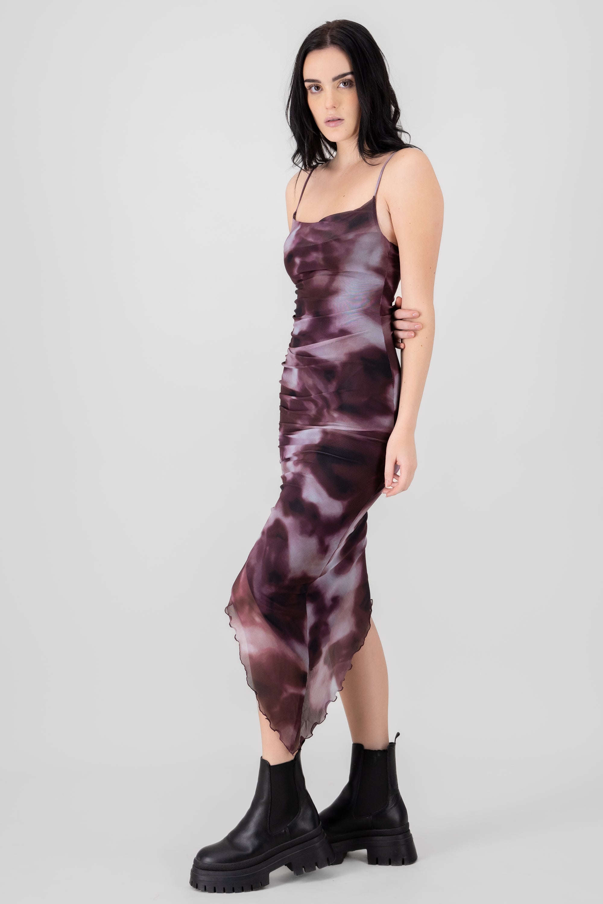 Marble Body Con Dress With Side Slit BURGUNDY COMBO