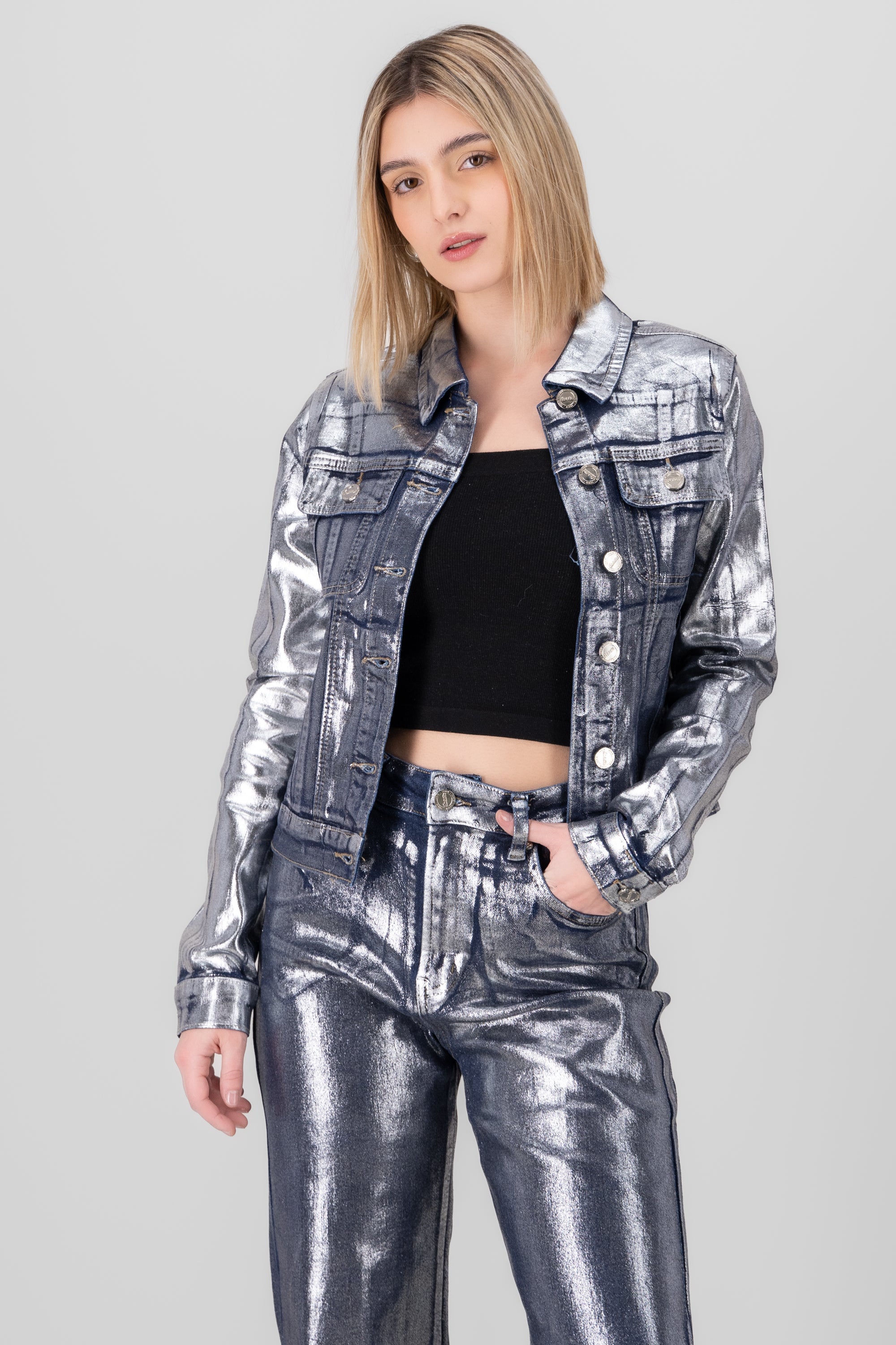 Detail Foil Denim Jacket SILVER