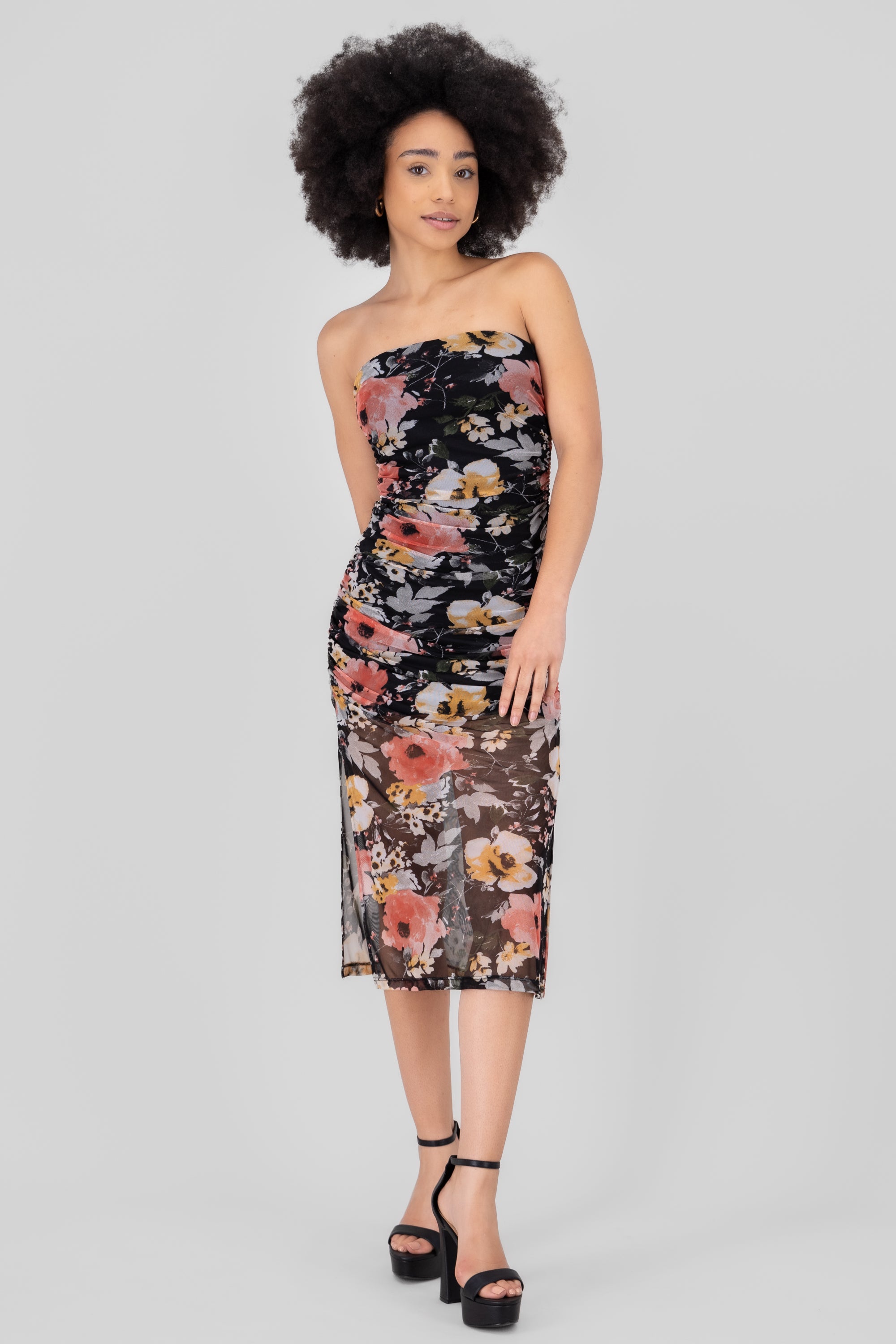 Hipster Floral Printed Mesh Midi Dress BLACK COMBO