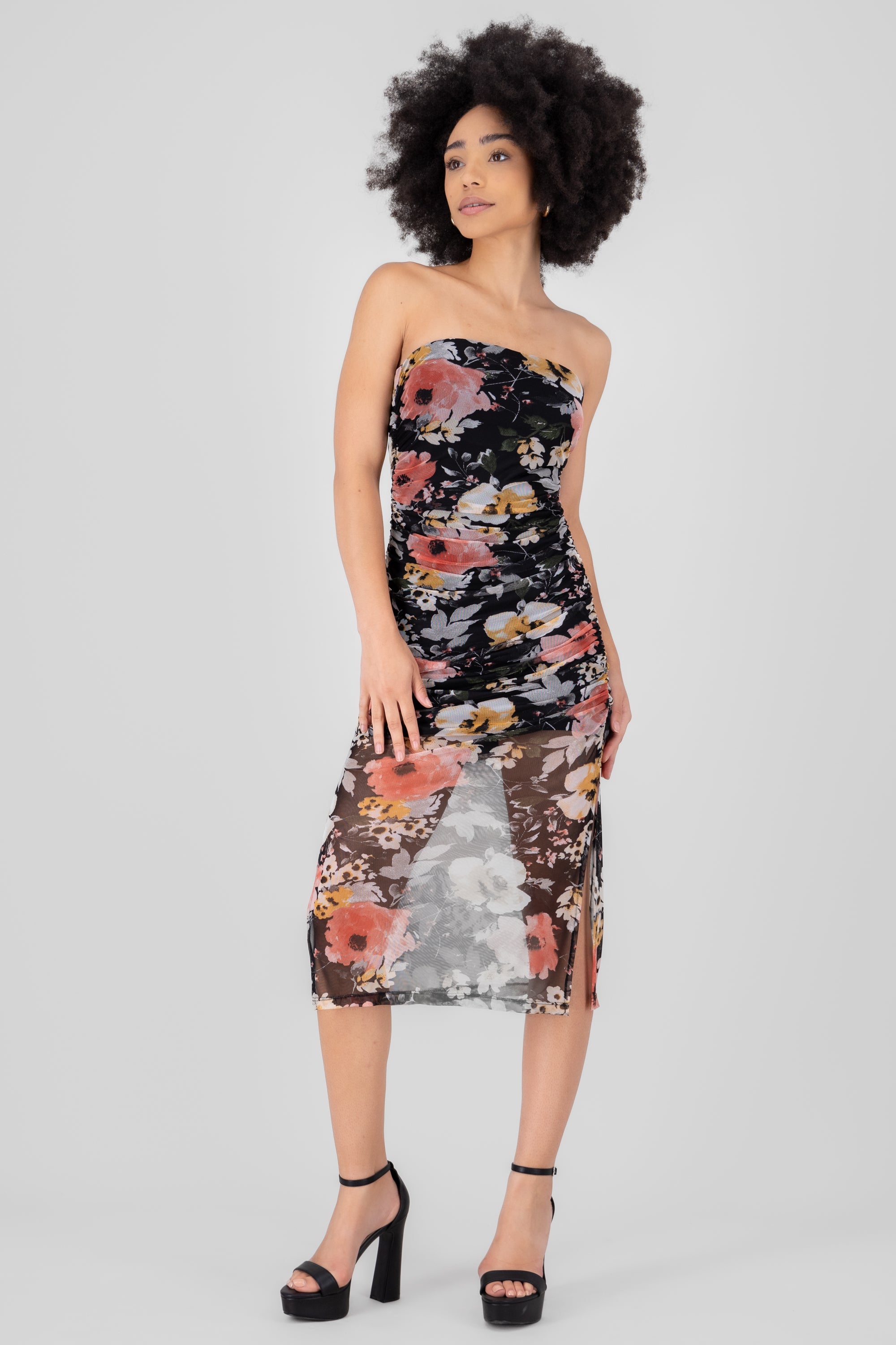 Hipster Floral Printed Mesh Midi Dress BLACK COMBO