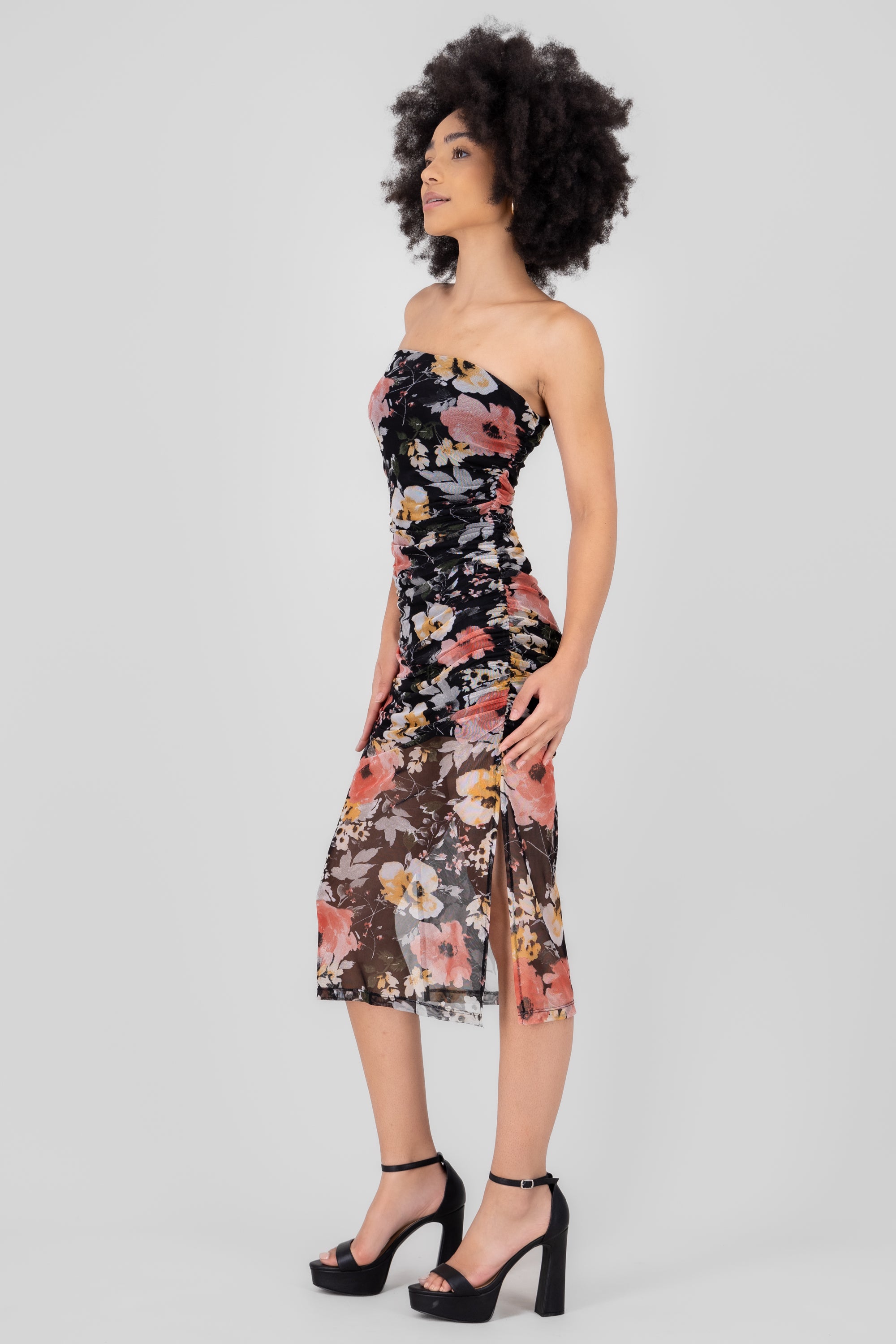 Hipster Floral Printed Mesh Midi Dress BLACK COMBO