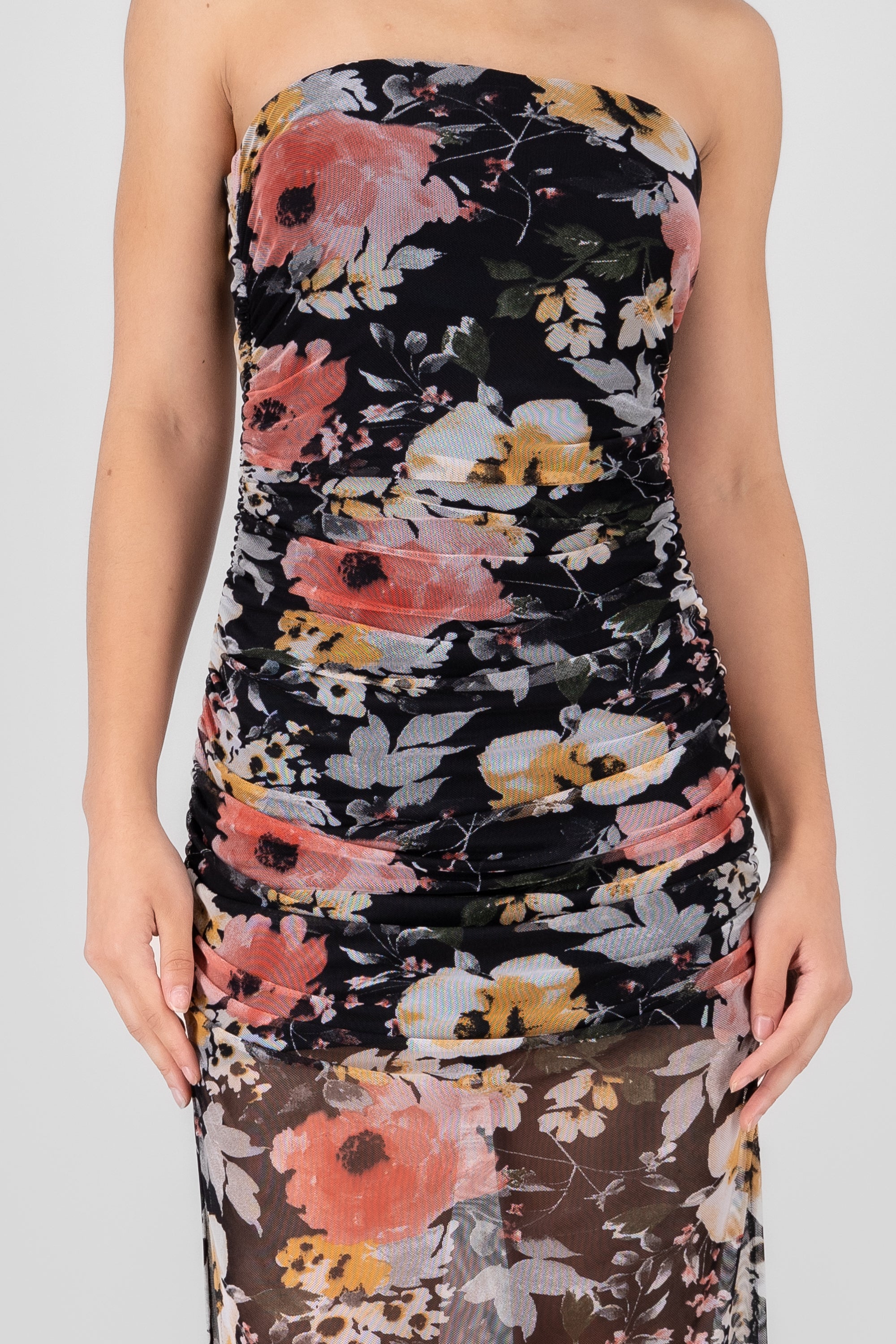 Hipster Floral Printed Mesh Midi Dress BLACK COMBO