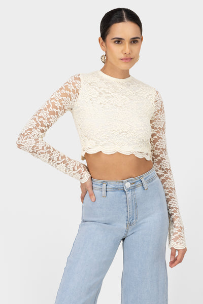 Long Sleeve Lace Cropped Top CREAM