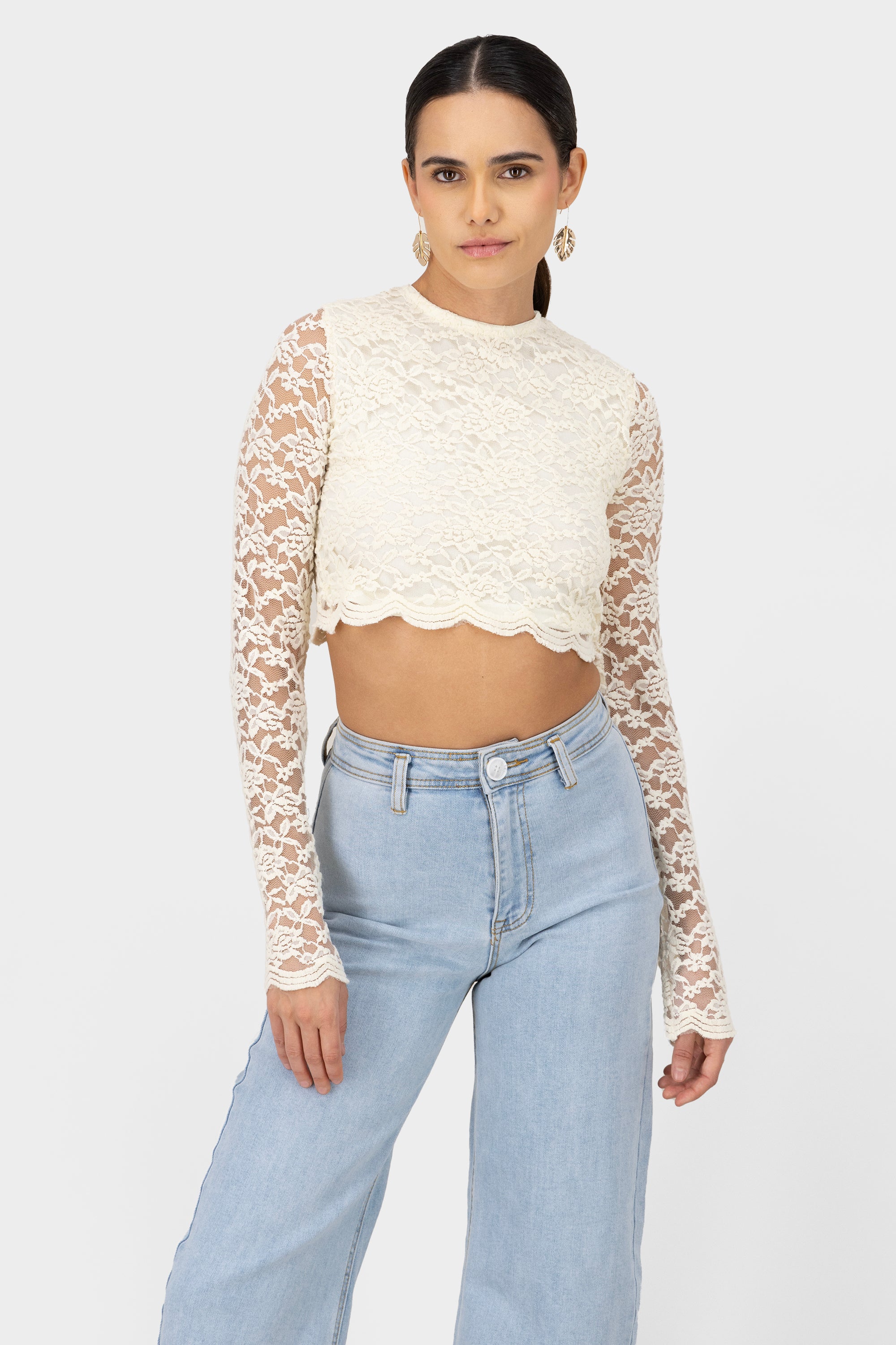 Long Sleeve Lace Cropped Top CREAM