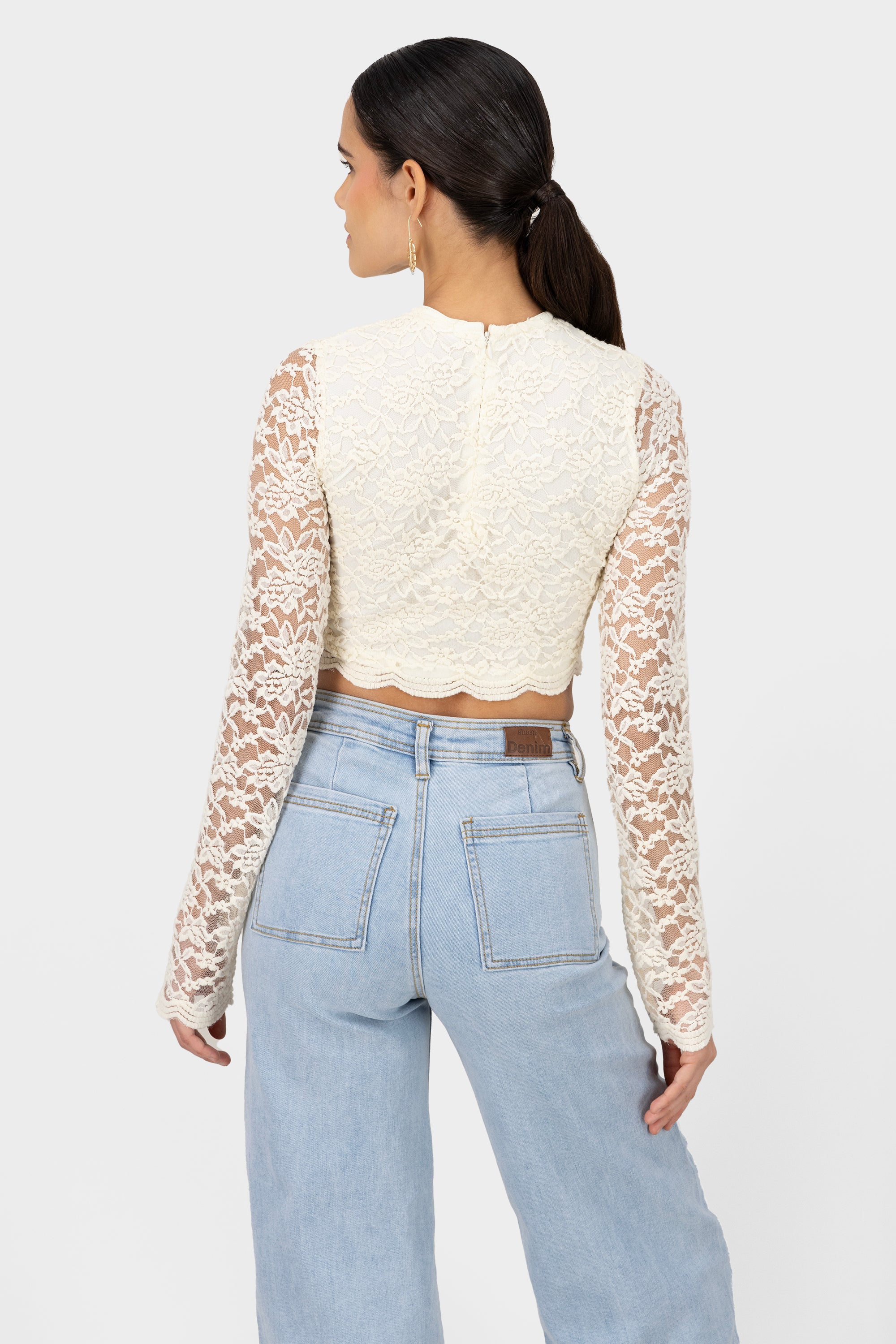 Long Sleeve Lace Cropped Top CREAM