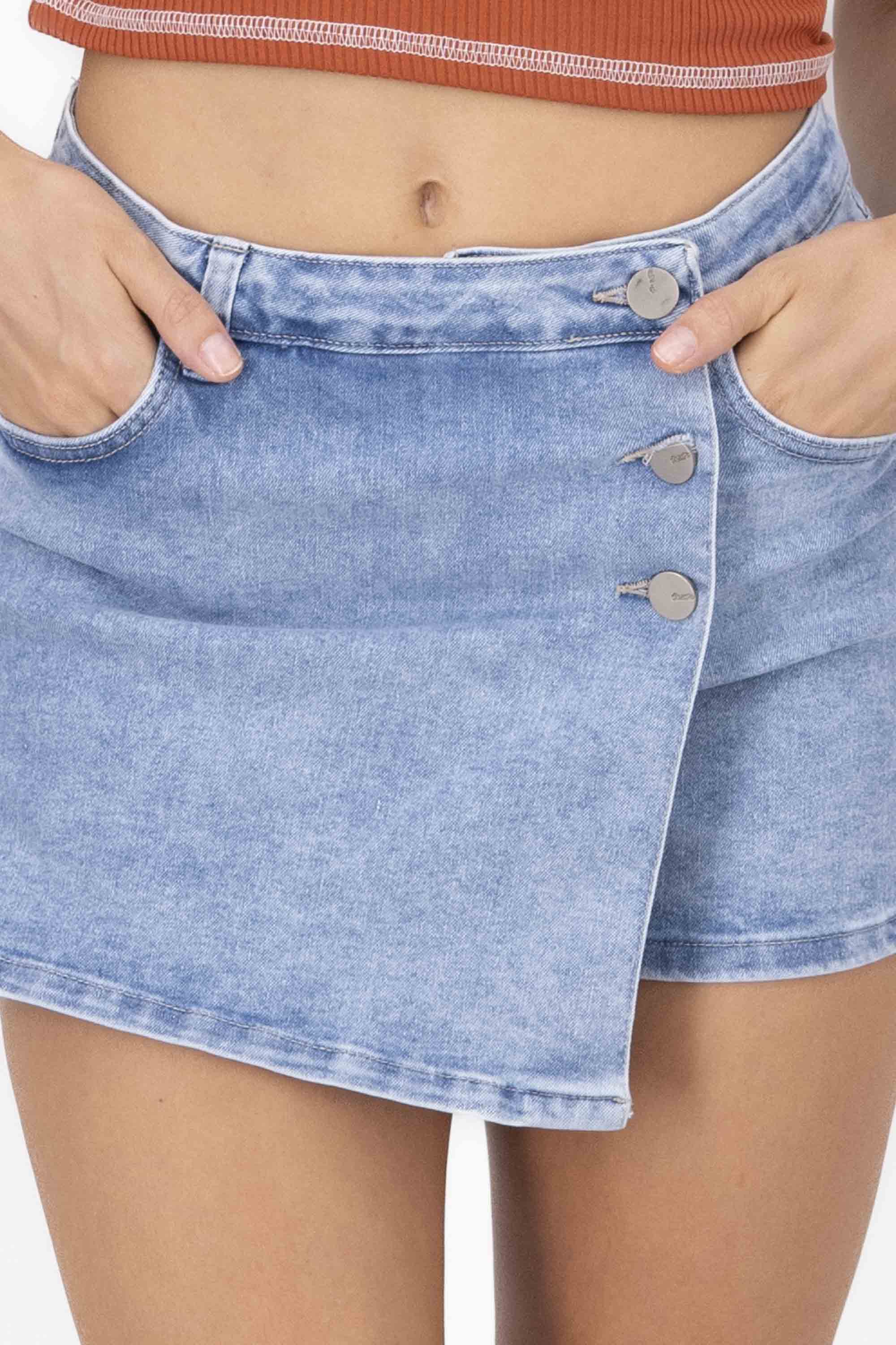 Crossed Denim Mini Skirt With Buttons STONE