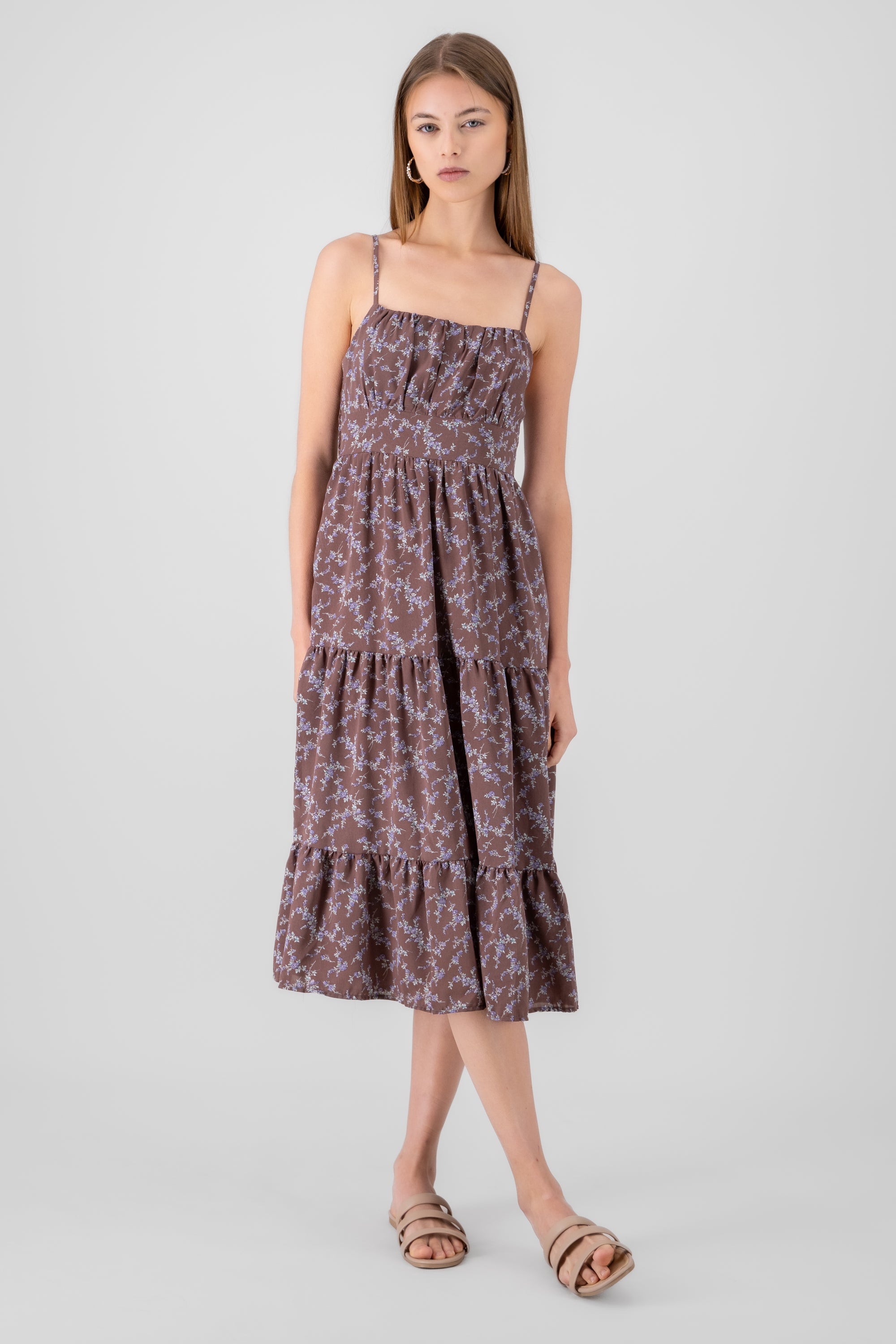 Mini Flower Strap Day Dress BROWN COMBO