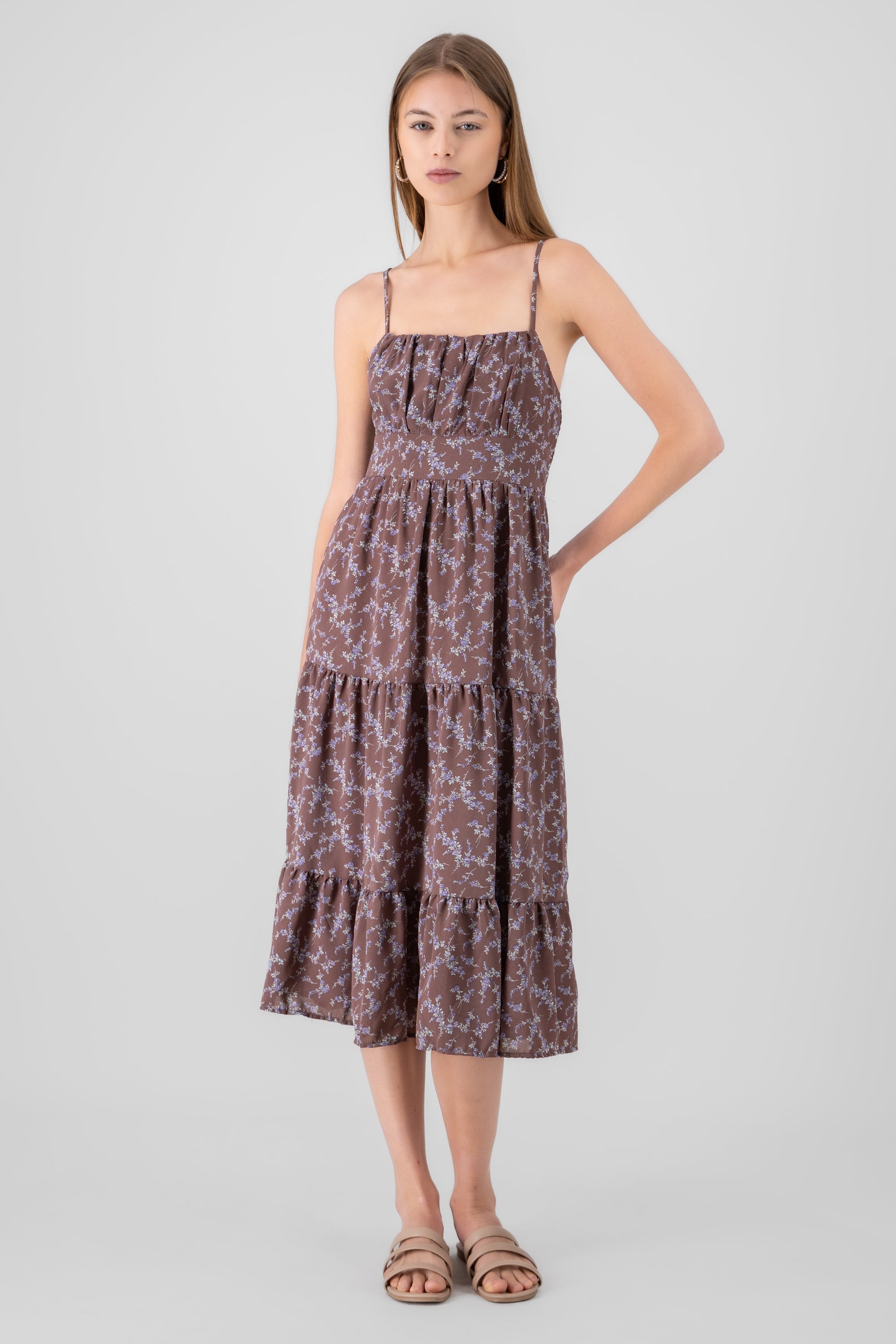 Mini Flower Strap Day Dress BROWN COMBO