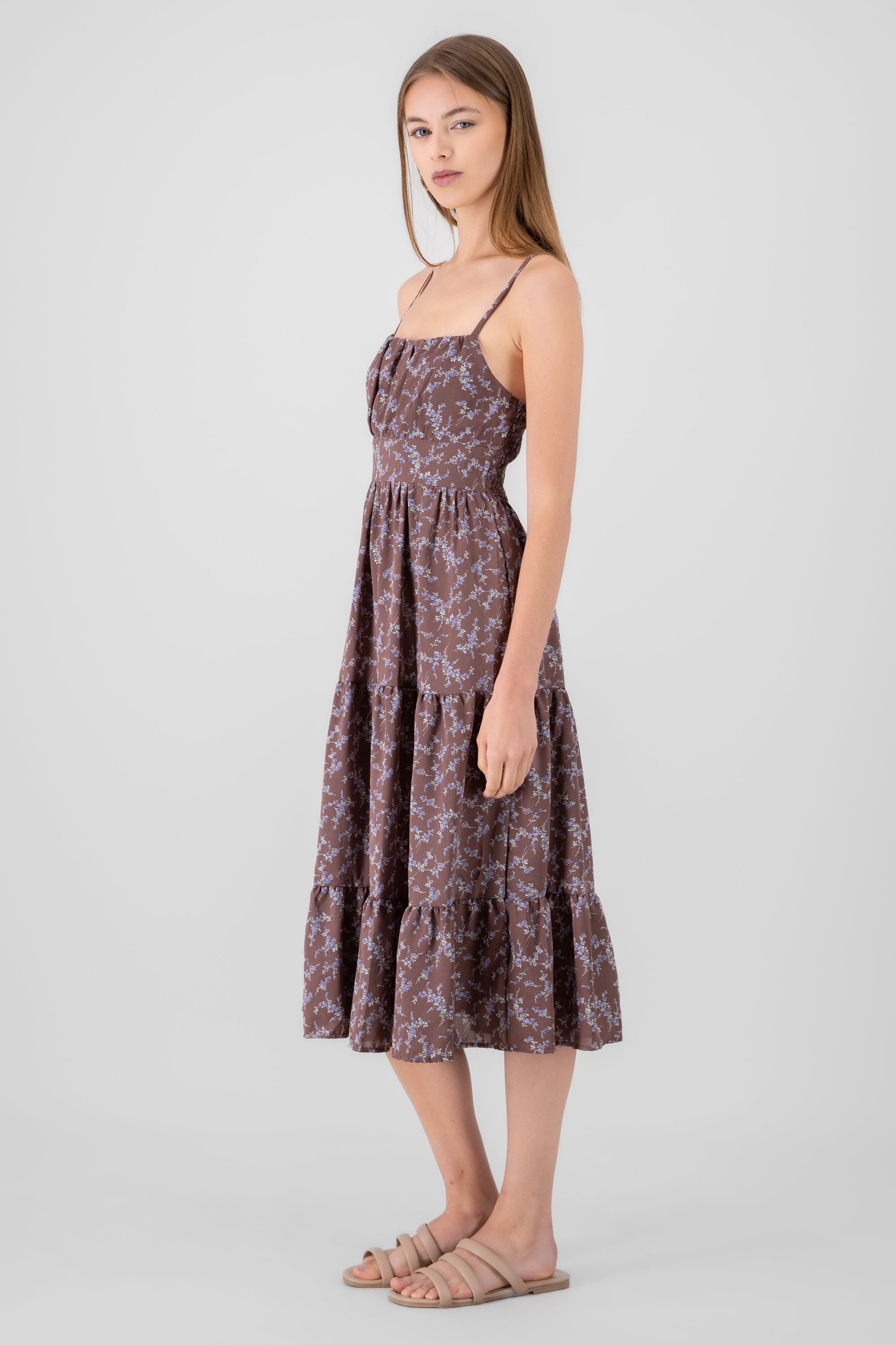 Mini Flower Strap Day Dress BROWN COMBO