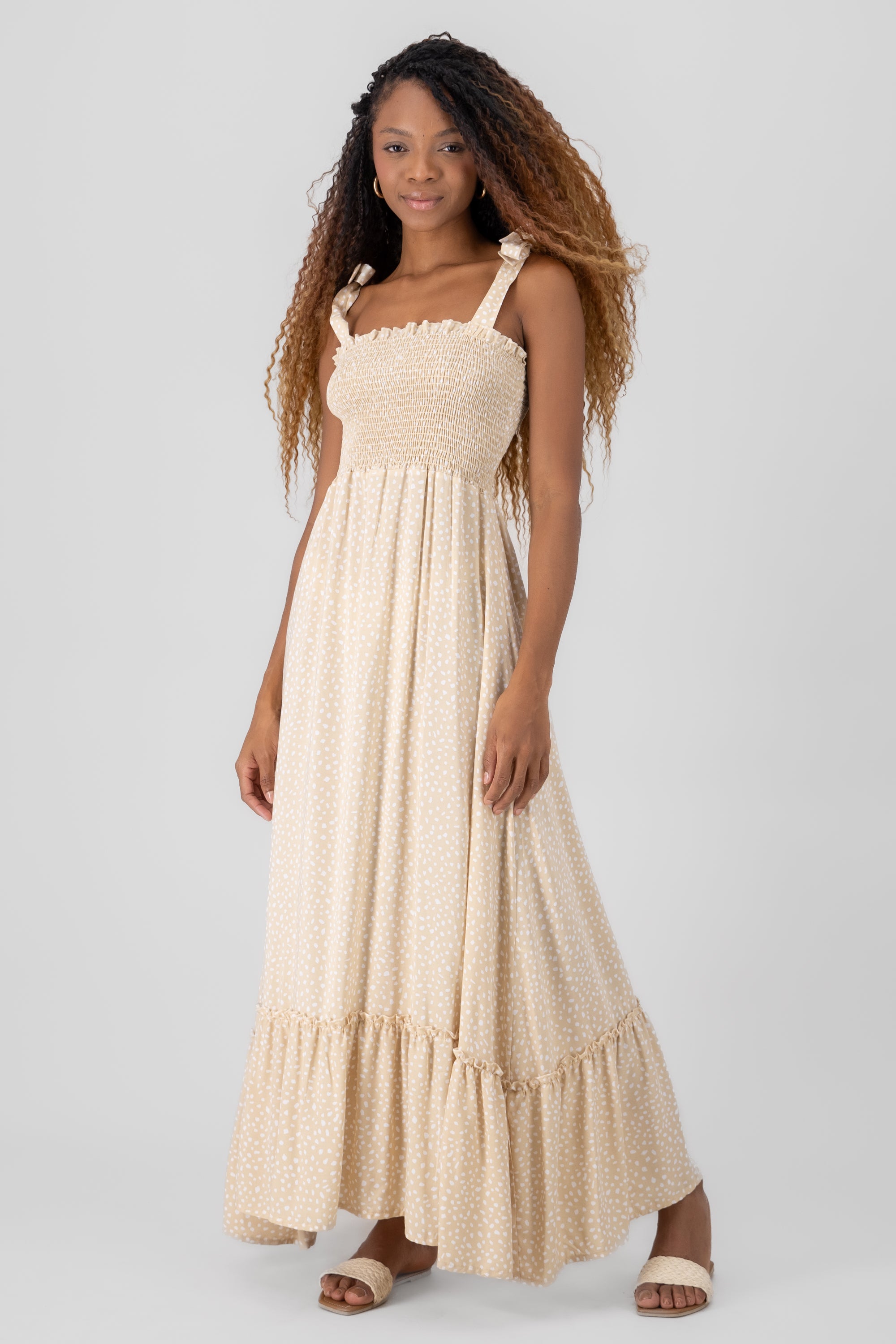 Smocked Maxi Pattern Dress BEIGE