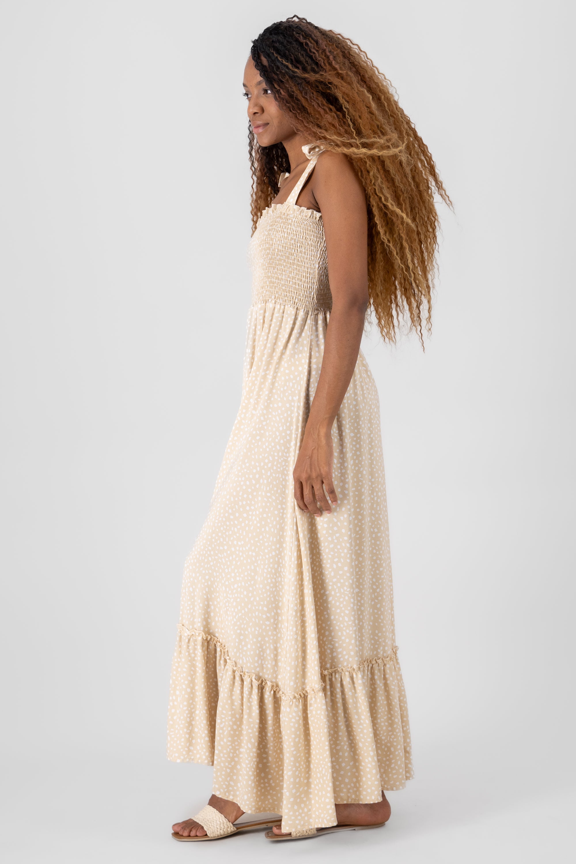 Smocked Maxi Pattern Dress BEIGE