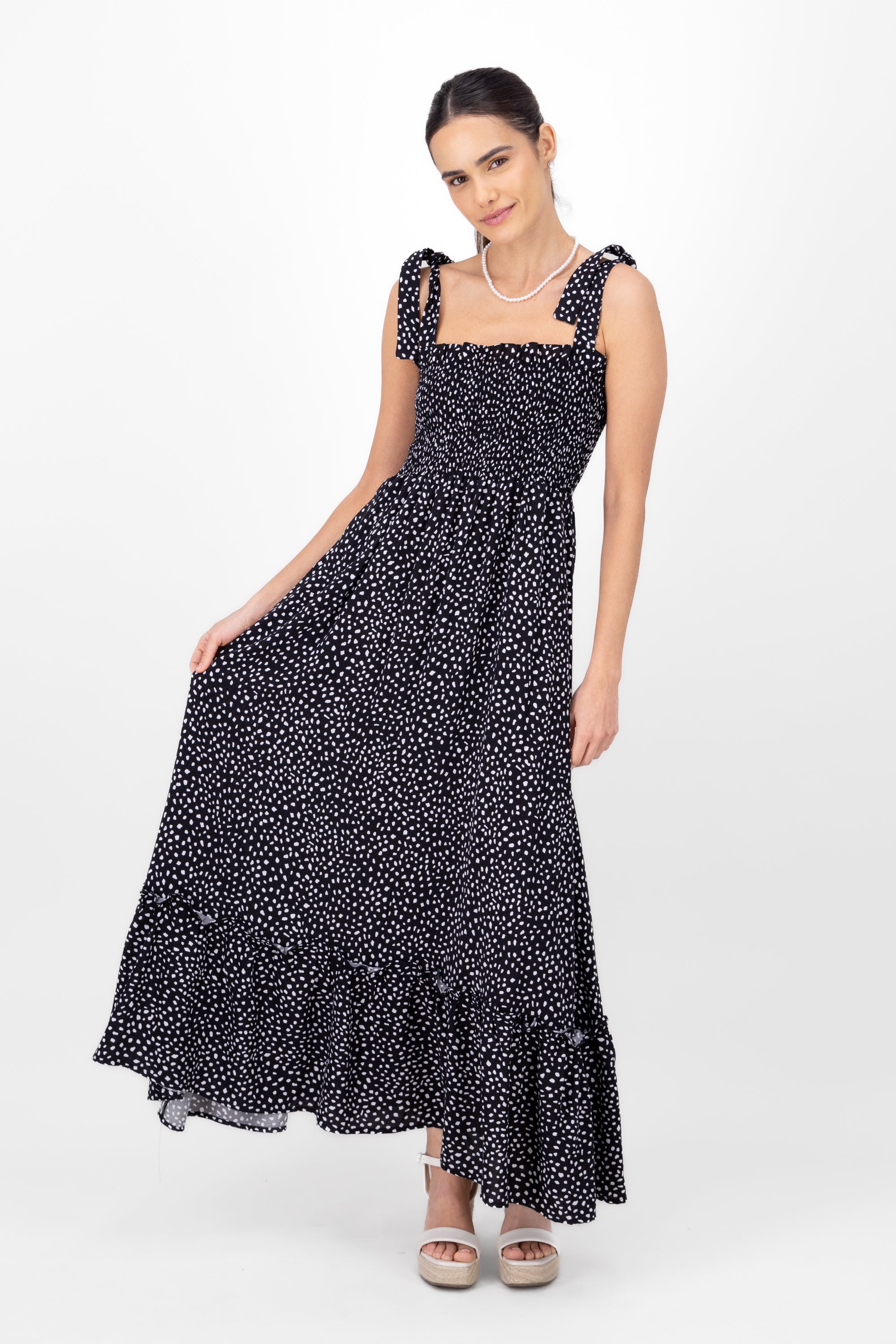 Smocked Maxi Pattern Dress BLACK COMBO