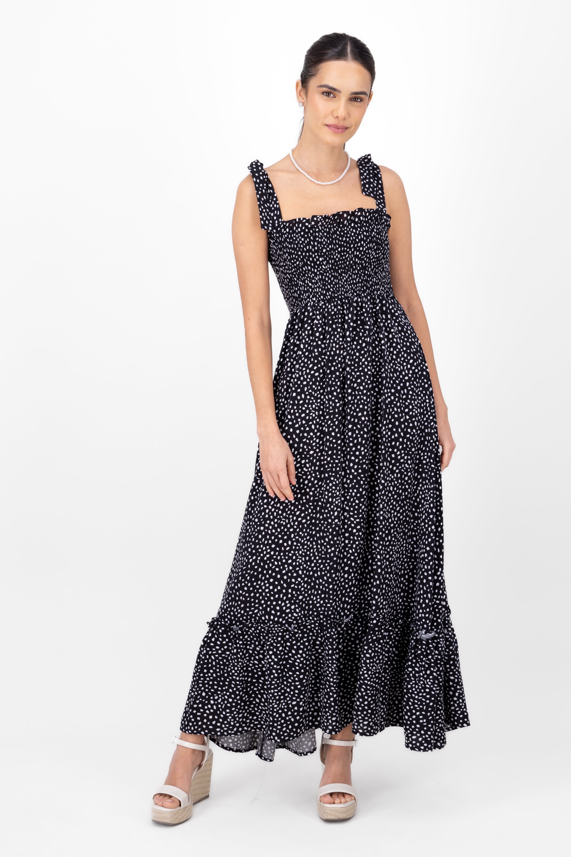 Smocked Maxi Pattern Dress BLACK COMBO