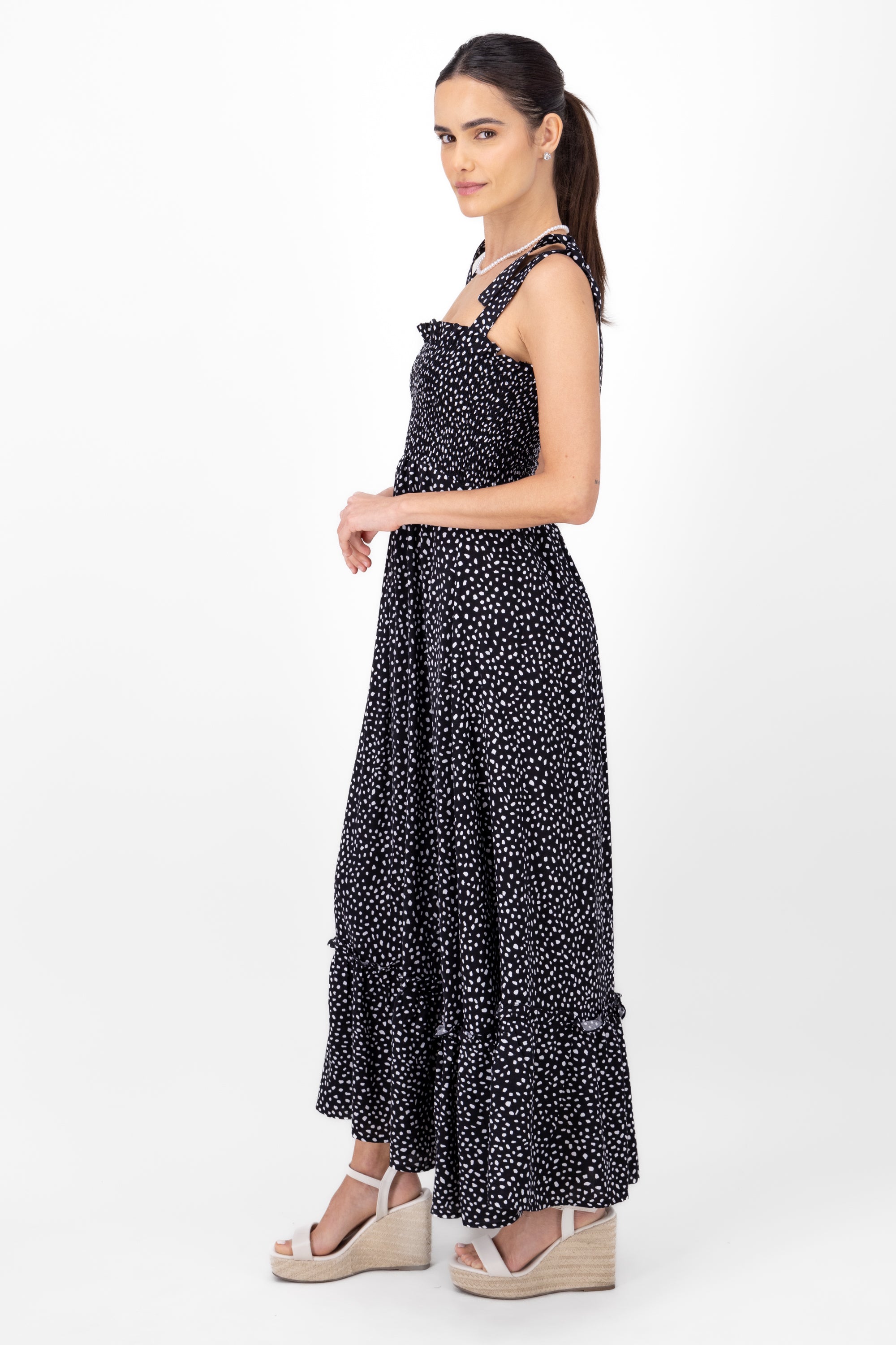 Smocked Maxi Pattern Dress BLACK COMBO