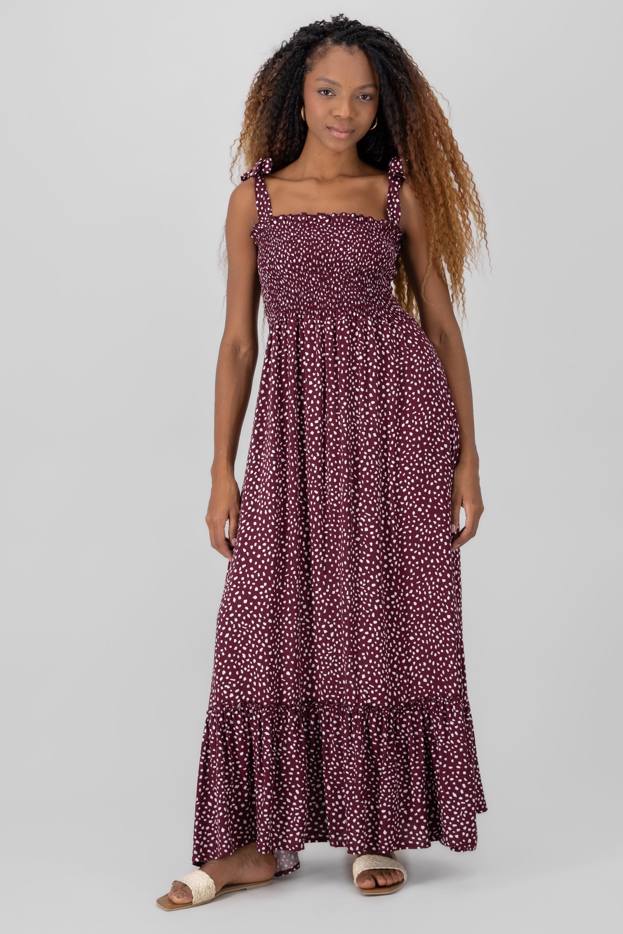 Smocked Maxi Pattern Dress BURGUNDY COMBO