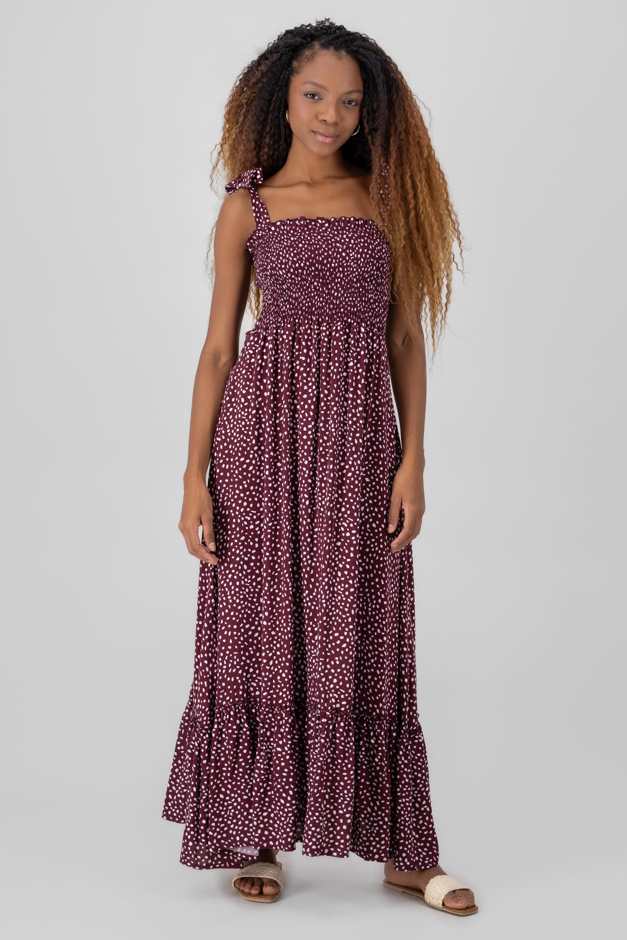 Smocked Maxi Pattern Dress BURGUNDY COMBO