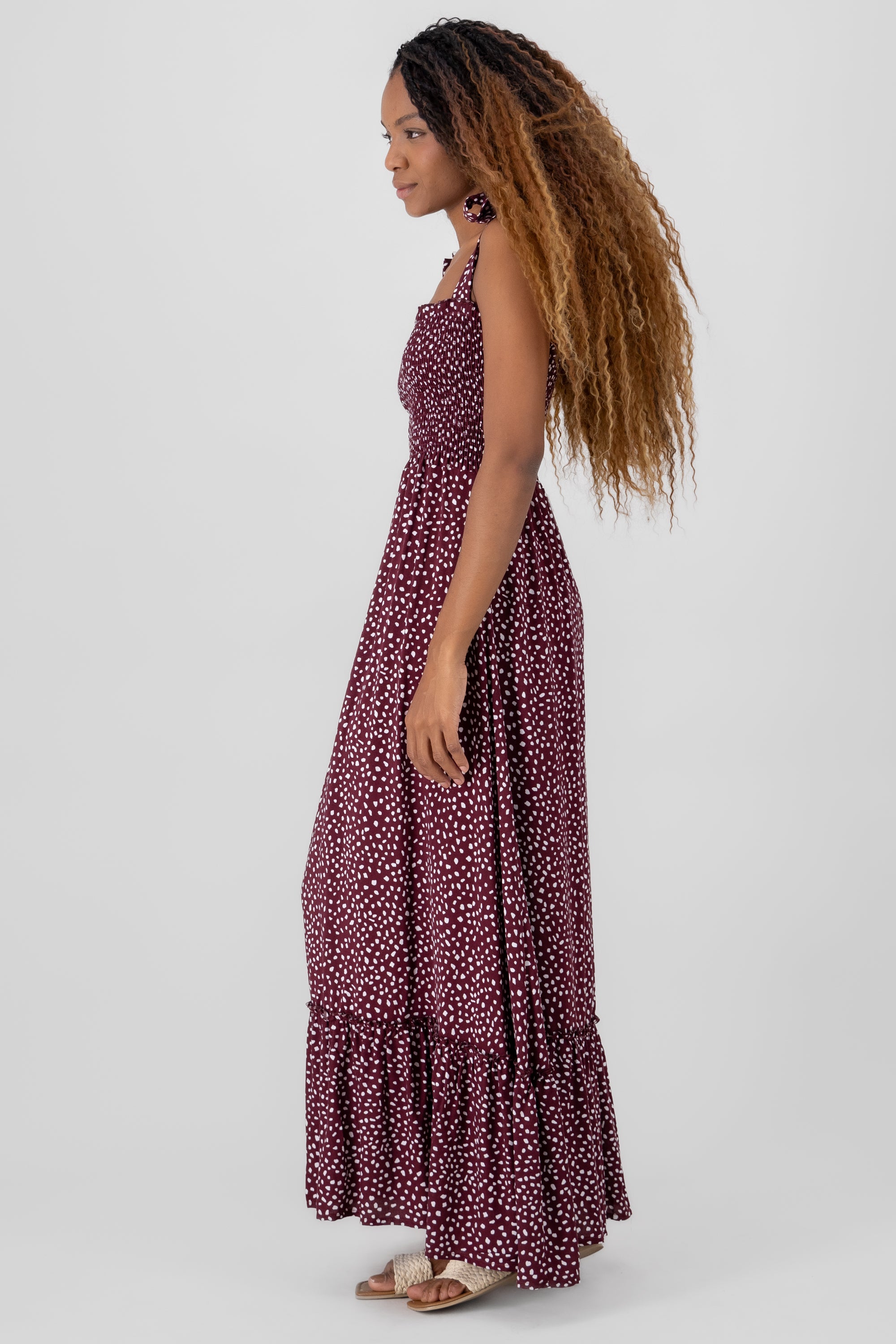 Smocked Maxi Pattern Dress BURGUNDY COMBO