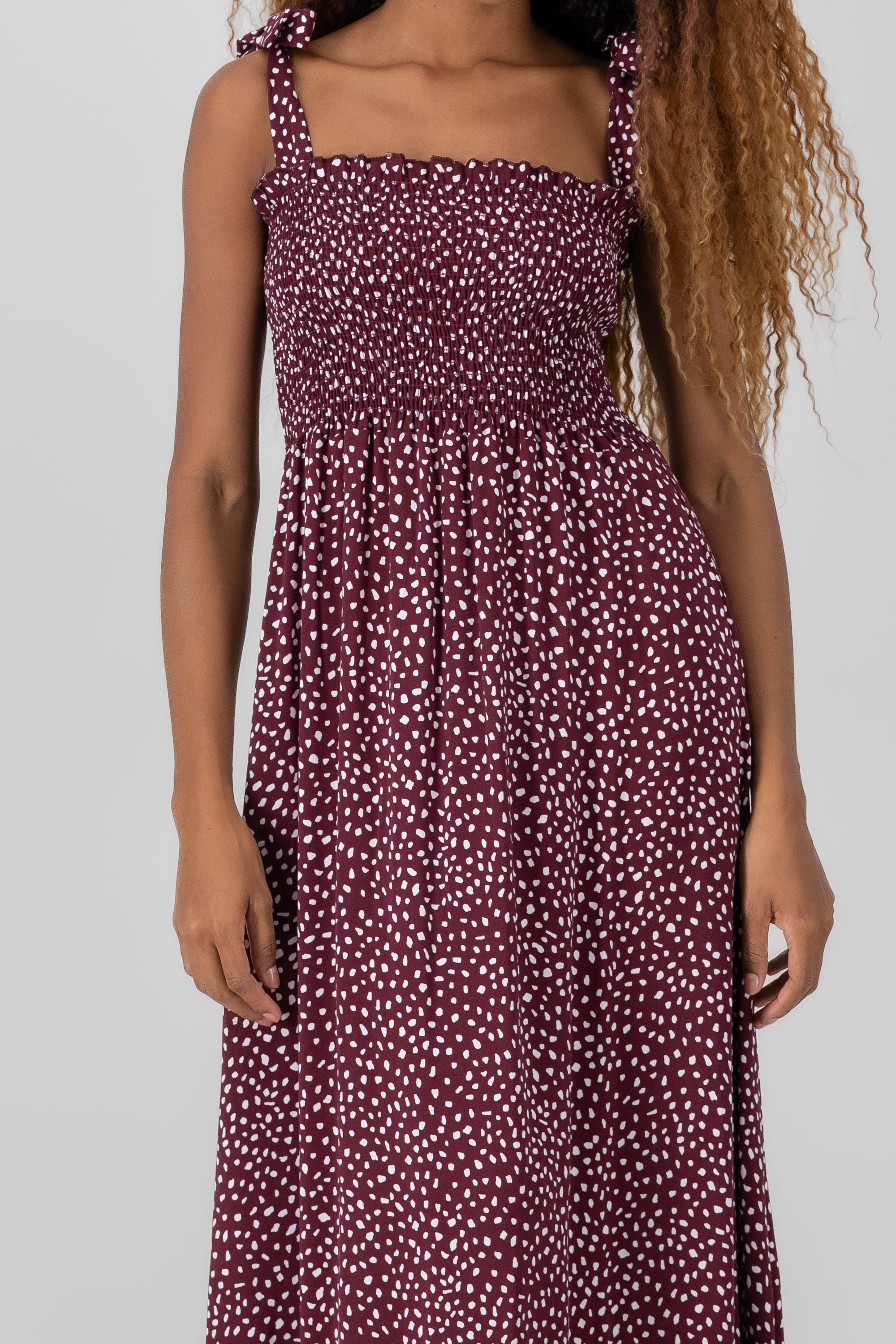 Smocked Maxi Pattern Dress BURGUNDY COMBO